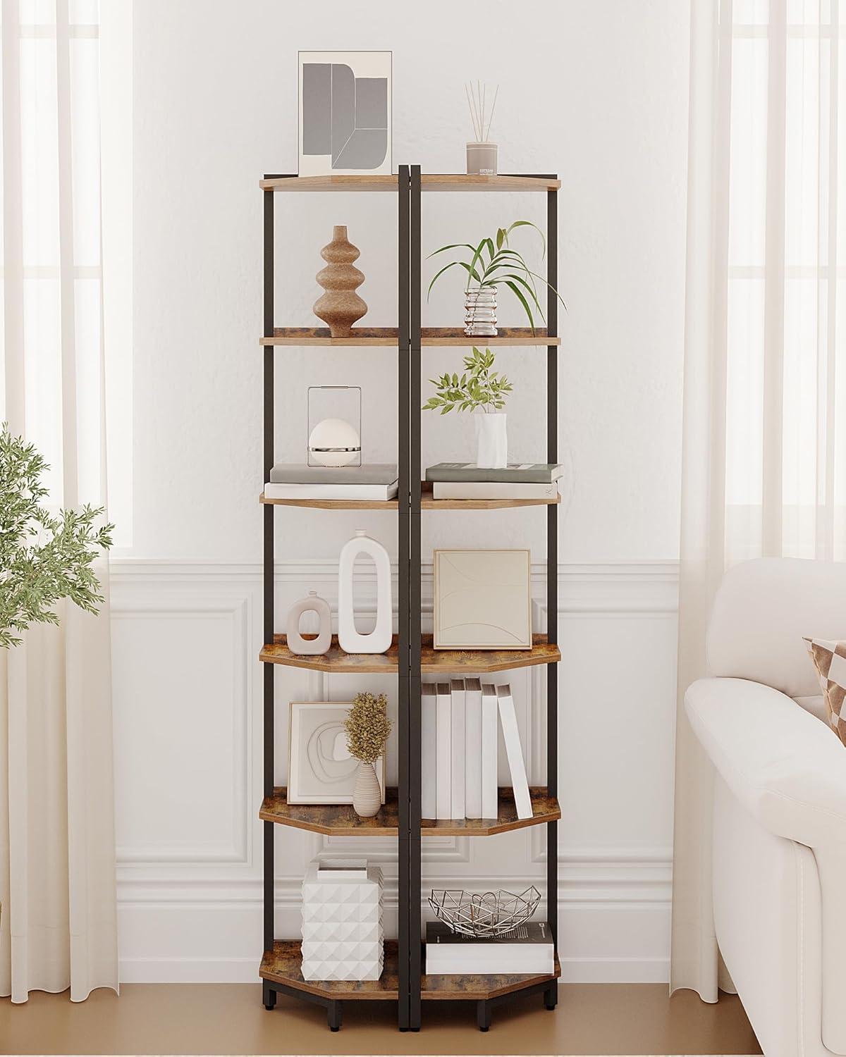 Corner Shelf Stand, Corner Bookshelf, Storage Standing Shelf Unit with Metal Frame, Plant Stand, Corner Bookcase for Living Room, Home Office, Bedroom, 4-Tier Rustic Brown CS05801B