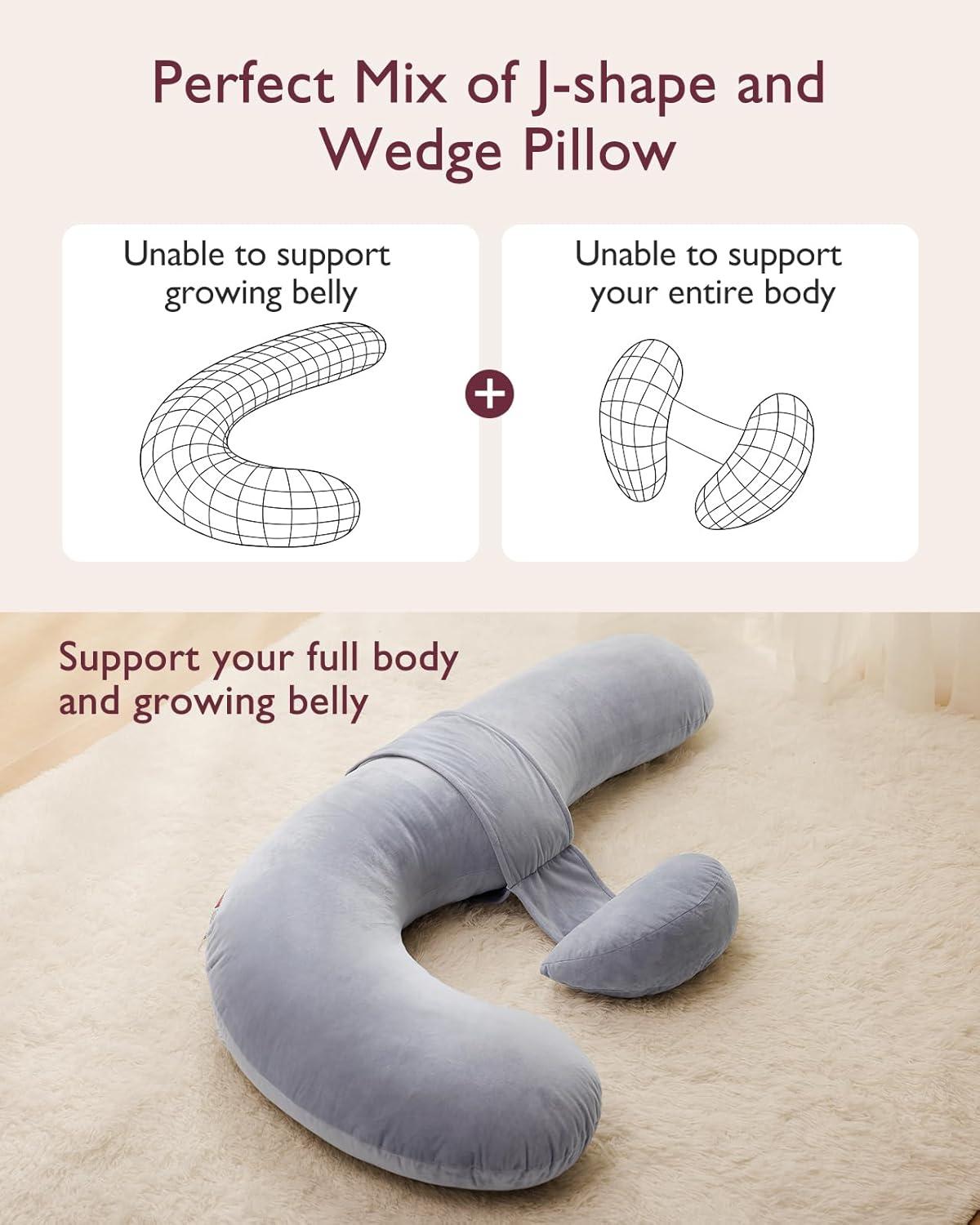 Momcozy Pregnancy Pillow, Original F Shaped Maternity Pillow for Pregnant Women with Adjustable Wedge Pillow, Full Body Support Pregnancy Pillows for Side Sleeping with Velvet Cover, Grey