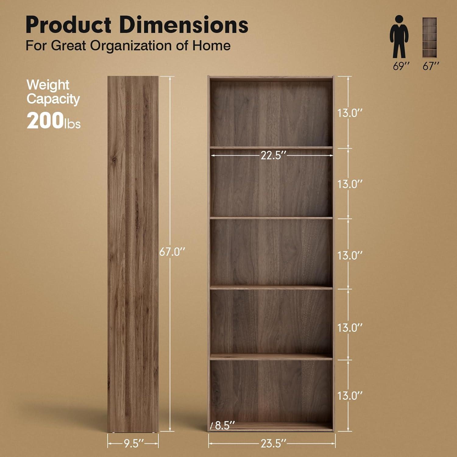 Costway 5-Shelf Storage Bookcase Stand Modern Multi-Functional Display Cabinet Walnut