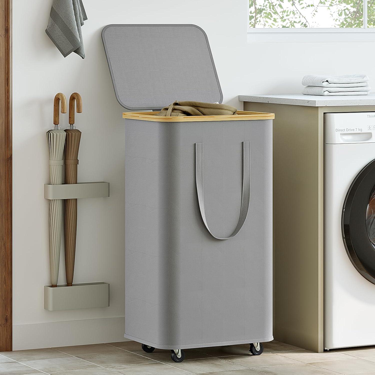 Efluky Laundry Basket with Lid and Removable Bag, 100L Tall Laundry Hamper with Bamboo Handles, Aesthetic Dirty Clothes Bin for Laundry Room, Bathroom, Bedroom and Dorm,Grey