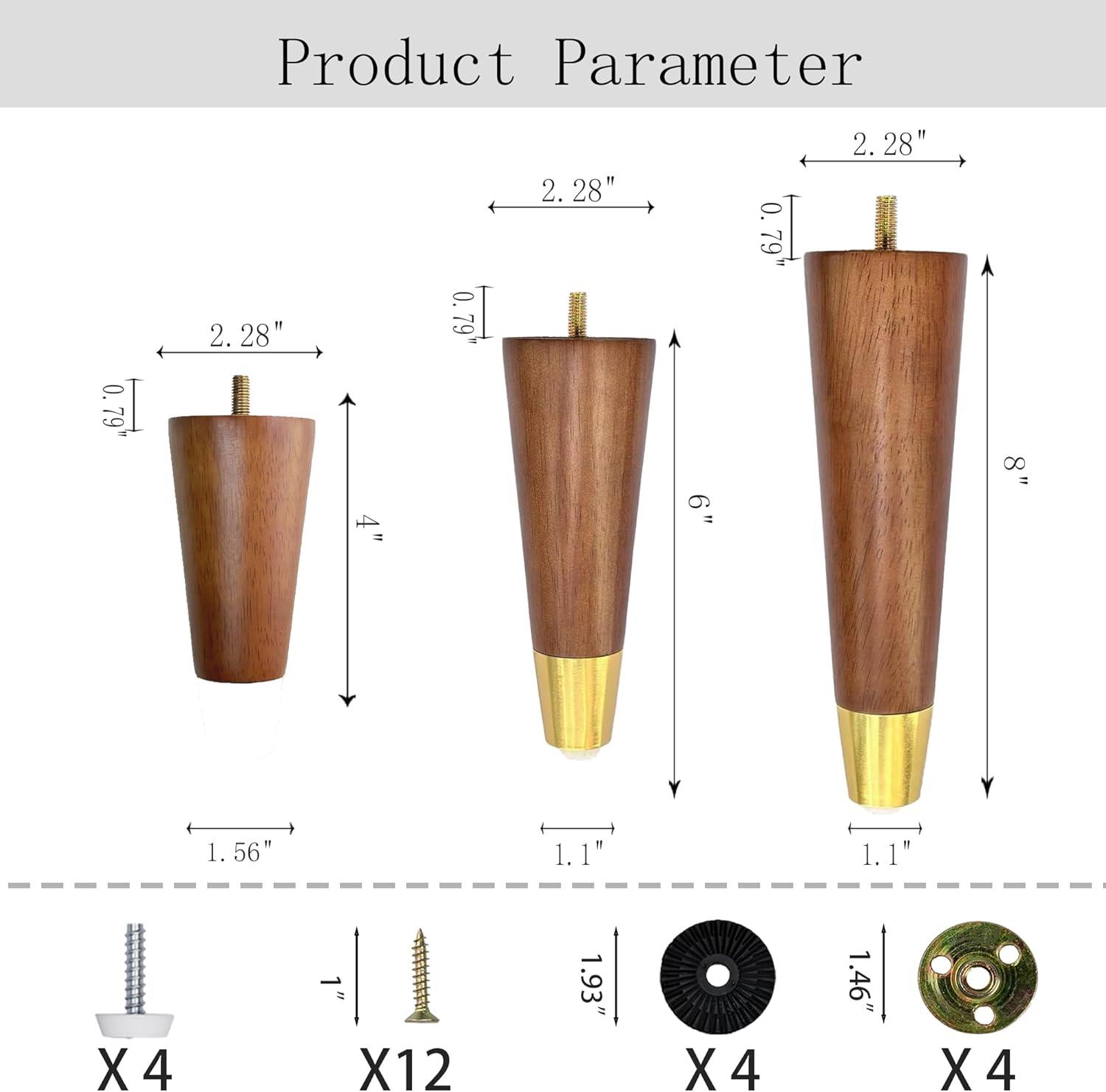 Hard Wood Furniture Legs with Gold Caps 6 Inch Mid-Century Modern Replacement Legs for Couch Dresser Cabinet Vanity Ottoman Walnut Color Sofa Legs Set of 4