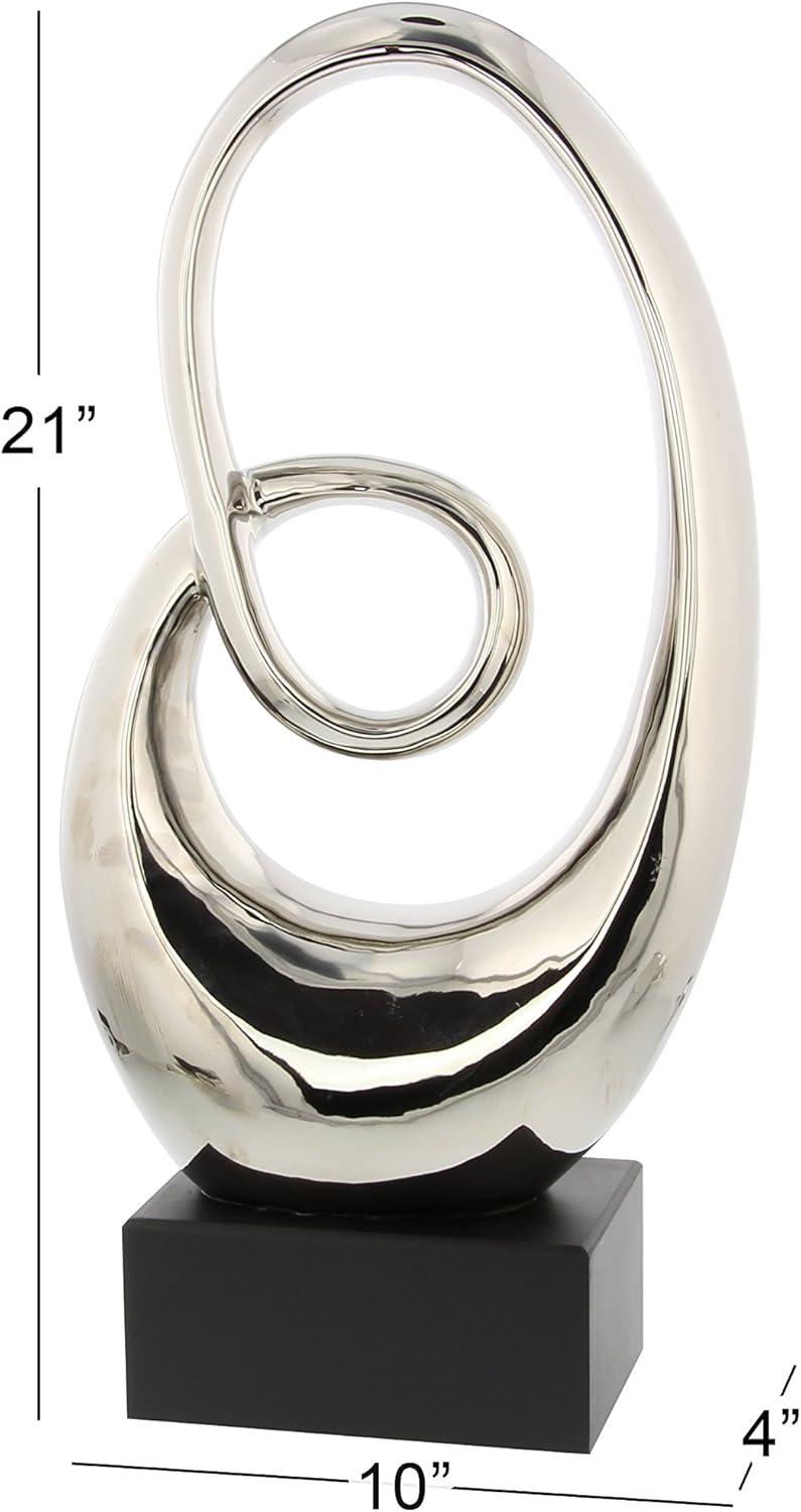 21" Silver Ceramic Swirl Abstract Sculpture with Black Base