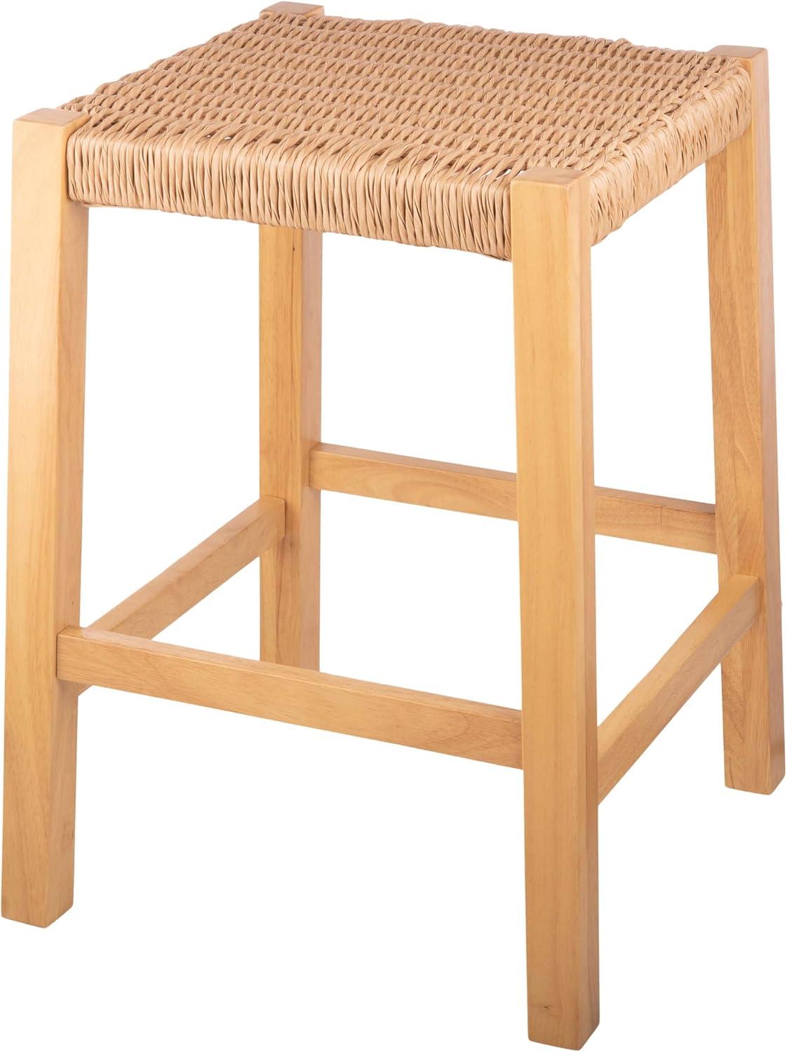 Natural Wood Backless Counter Stool with Woven Seagrass Seat