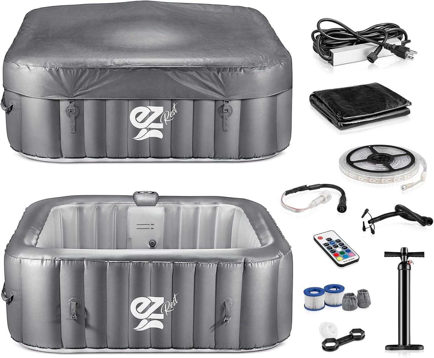 SereneLife 4-Person Gray PVC Square Inflatable Hot Tub with LED Lights