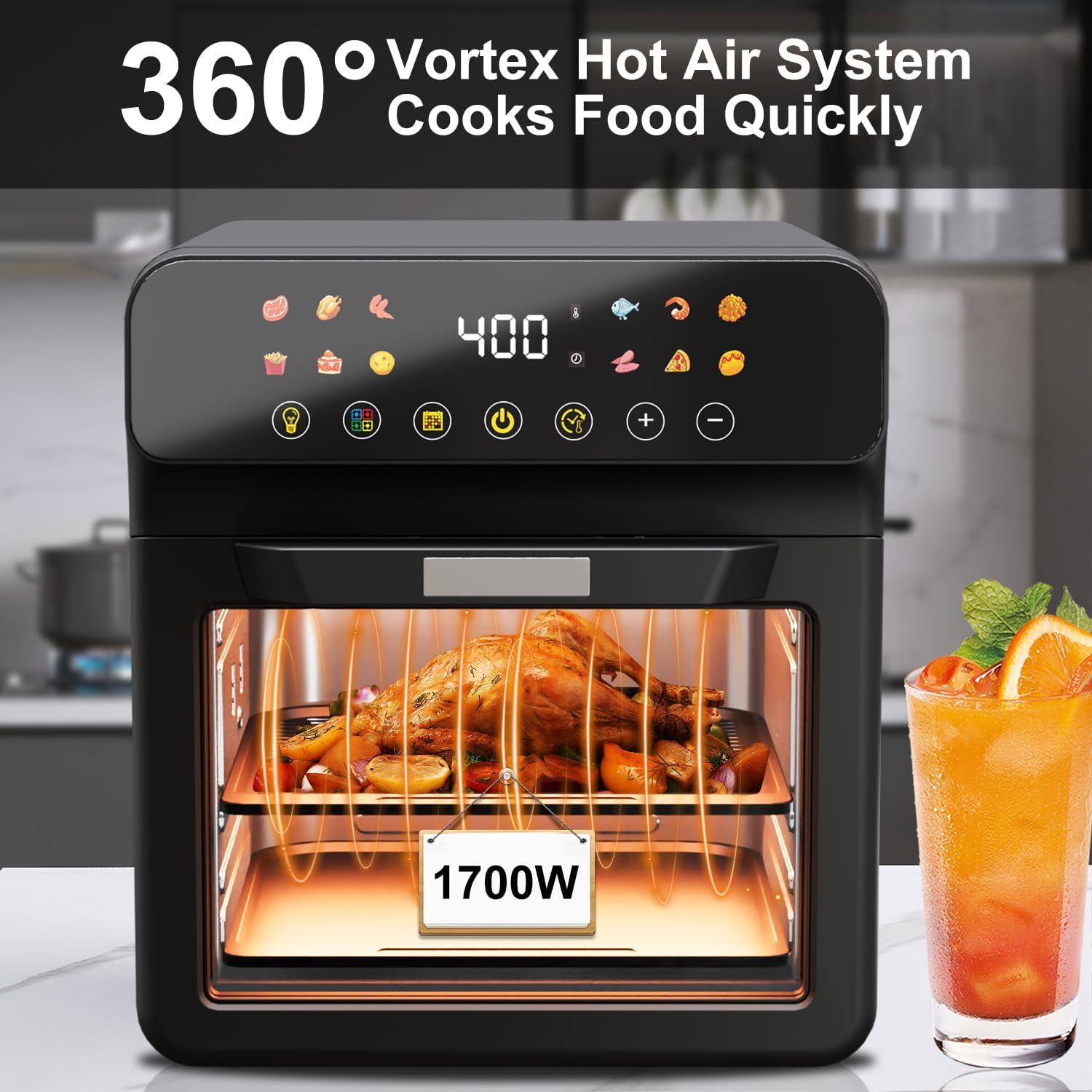 Air Fryer Toaster Oven Combo, 12Qt Large Family Size, Large Easy-View Window, Digital Touchscreen With 12 Presets, Auto Shutoff, Nonstick, Dishwasher-Safe, Bake, Roast, Reheat, Black