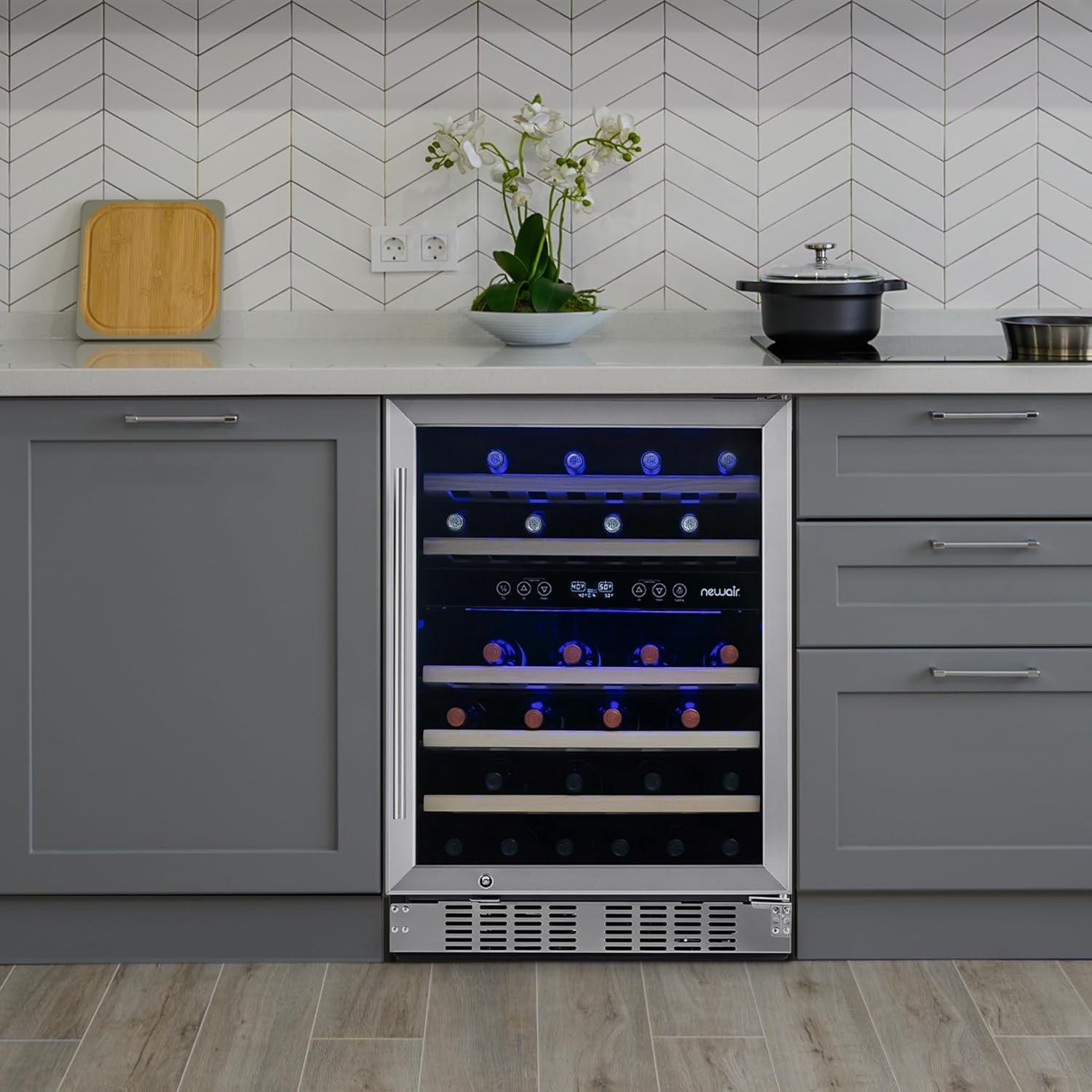 Newair 46 Bottle Dual Zone Built-in Wine Refrigerator with Beechwood Shelves and Recessed Kickplate