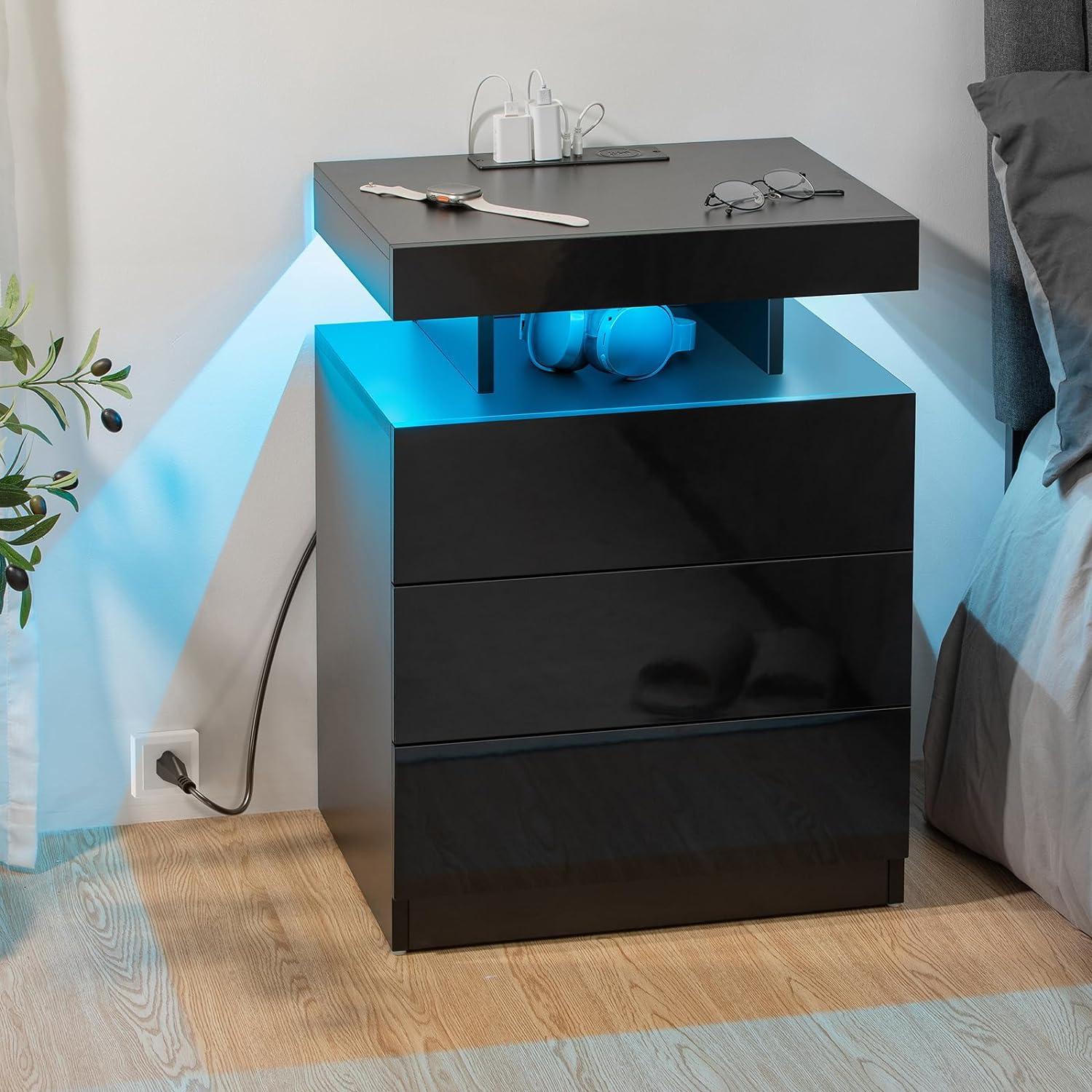 Gebelein Manufactured Wood Nightstand with Wireless Charging Station and LED Lights