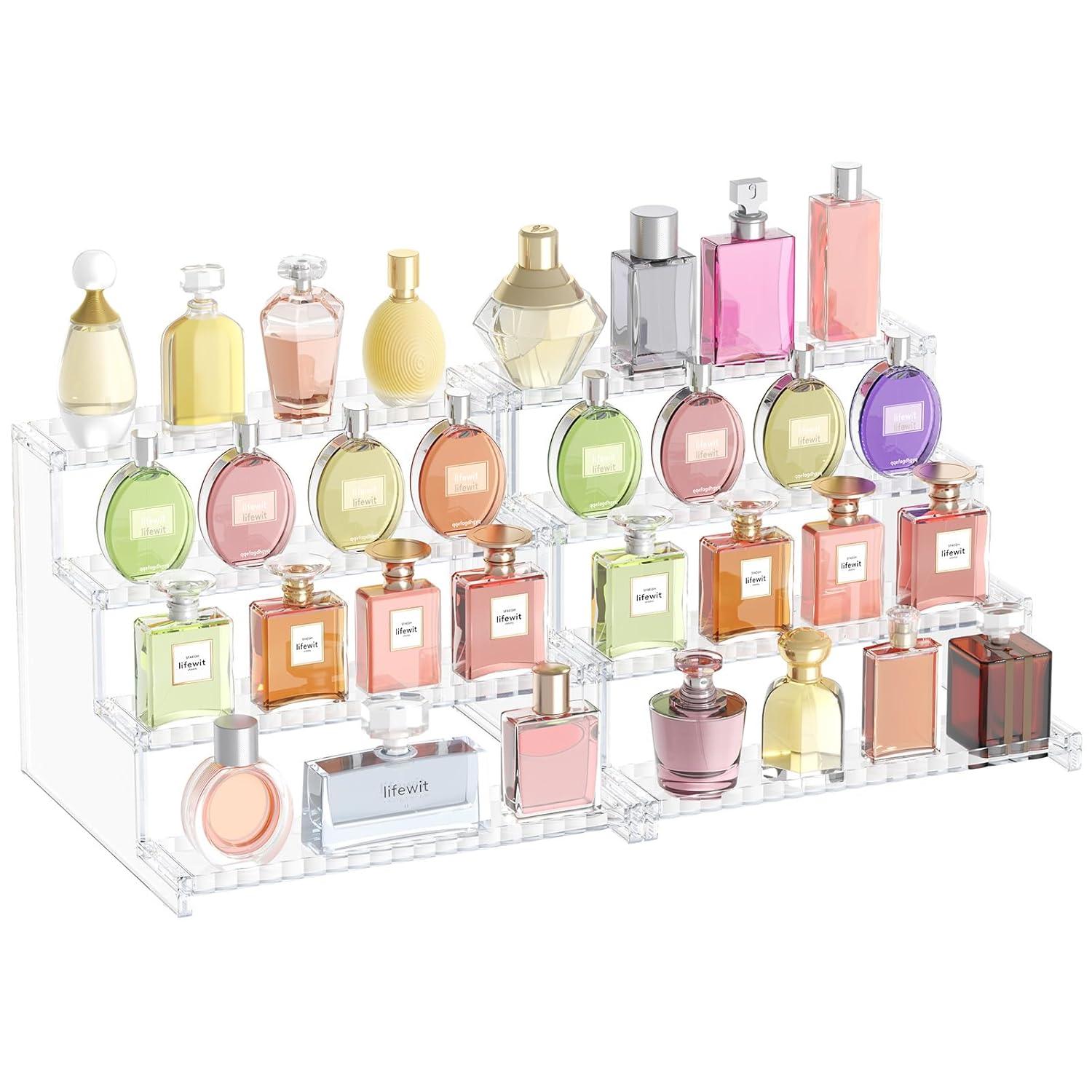 Lifewit 4 Tier Clear Display Risers Stand With Decorative Fences, Plastic 12 Inch Perfume Organizer, Display For Figures, Cupcake, Dessert, Desktop Stand For Organization And Decor, 1 Pack