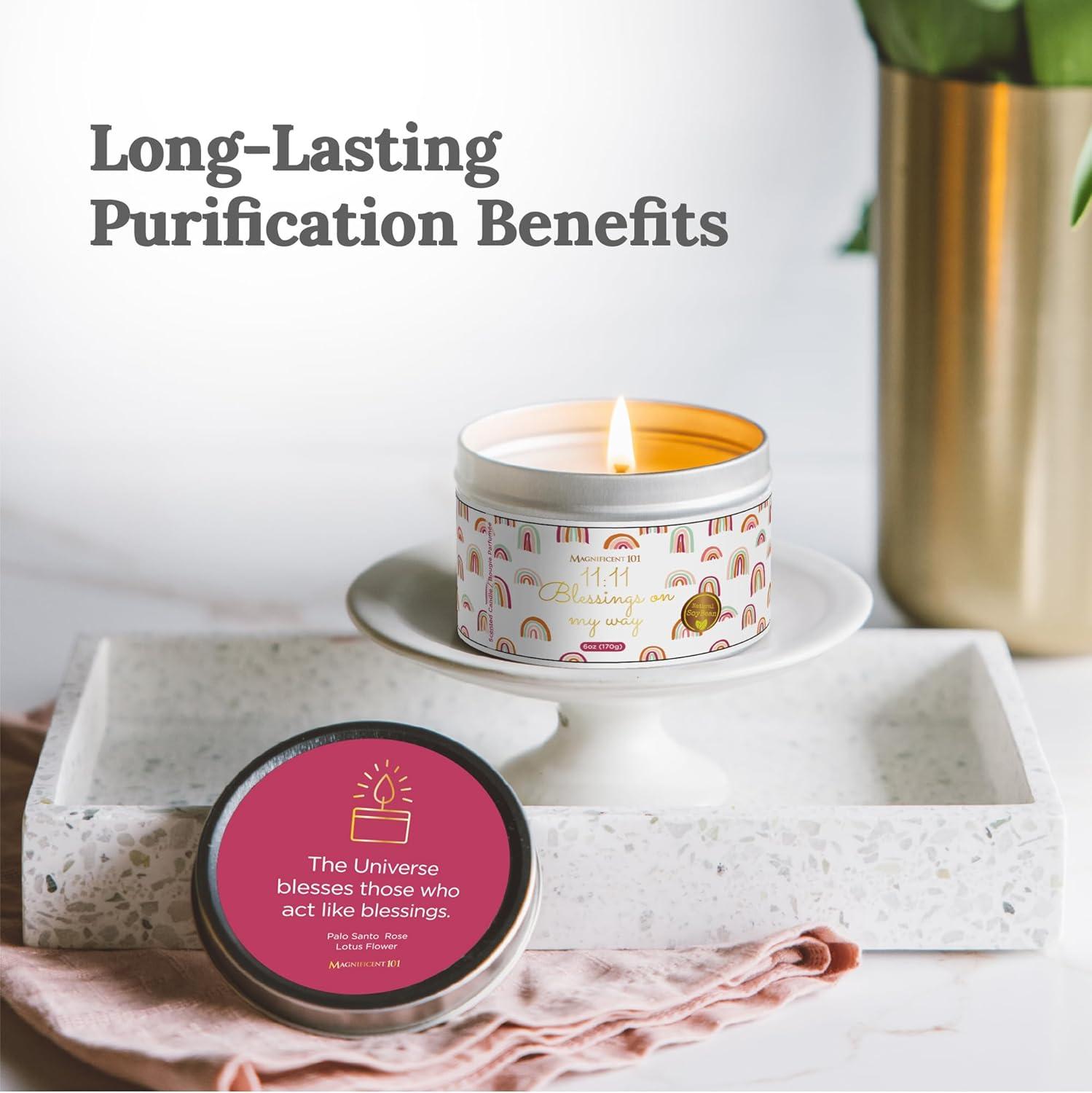 MAGNIFICENT 101 Affirmations Sage, Cedar, Palo Santo, Sprinkle of sage Leaves Smudge Candle for House Energy Cleansing, Banishes Negative Energy - Soy Wax Tin Candle (I Create My Dream Life)
