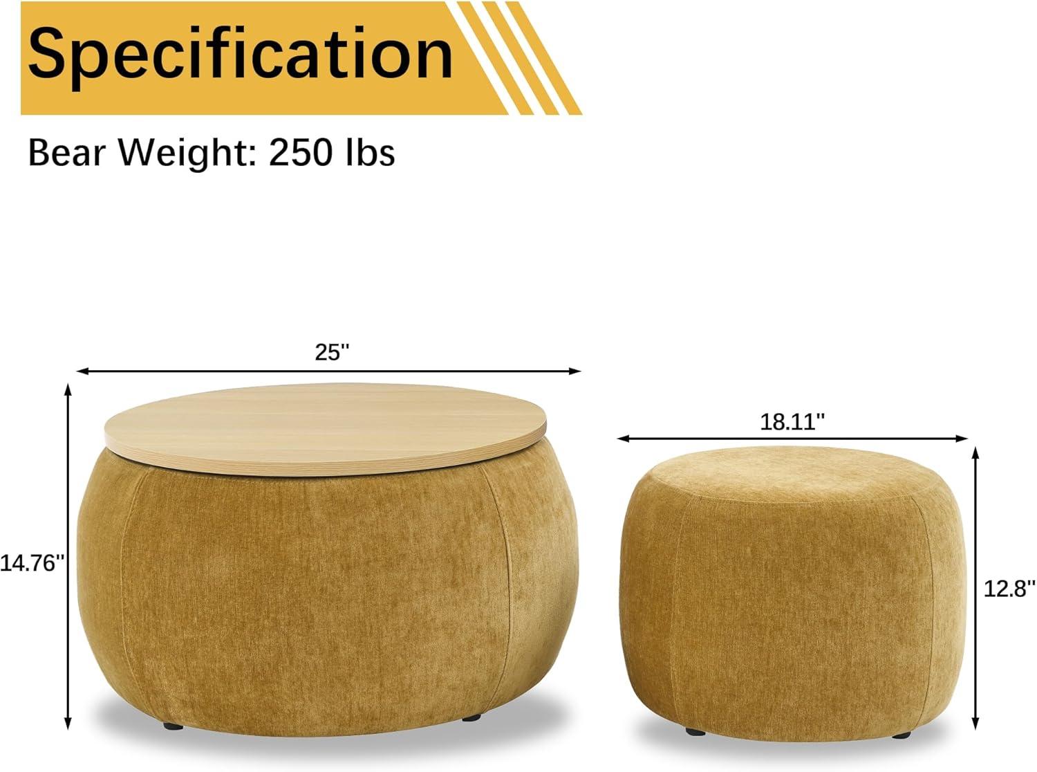 Dark Yellow Chenille Round Storage Ottoman Set with Eucalyptus Wood