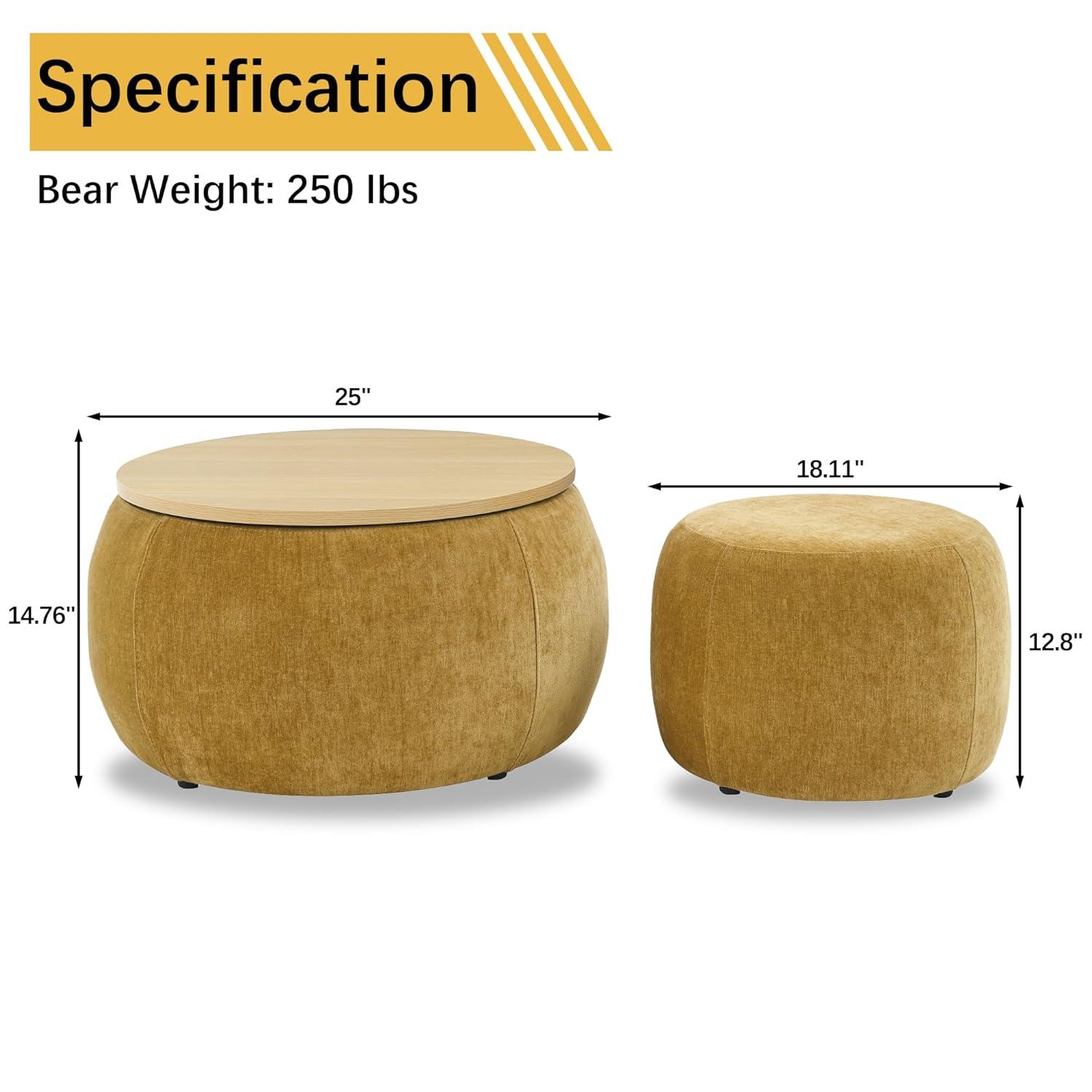 2-Piece Set Round Chenille Storage Ottoman, Equipped with a Drum Shaped Small Stool, Storage Space, and MDF Made Desktop Panel (Dark Blue, 25"x25"x14.7")