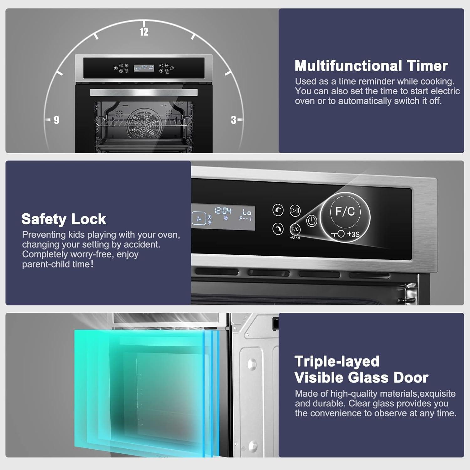 Electric oven,Built-in Over with 8 automatic recipes,Multifunctional timer,safety lock,LED Screen,Smart Touch Control,240V,2800W,5 Rack Positions