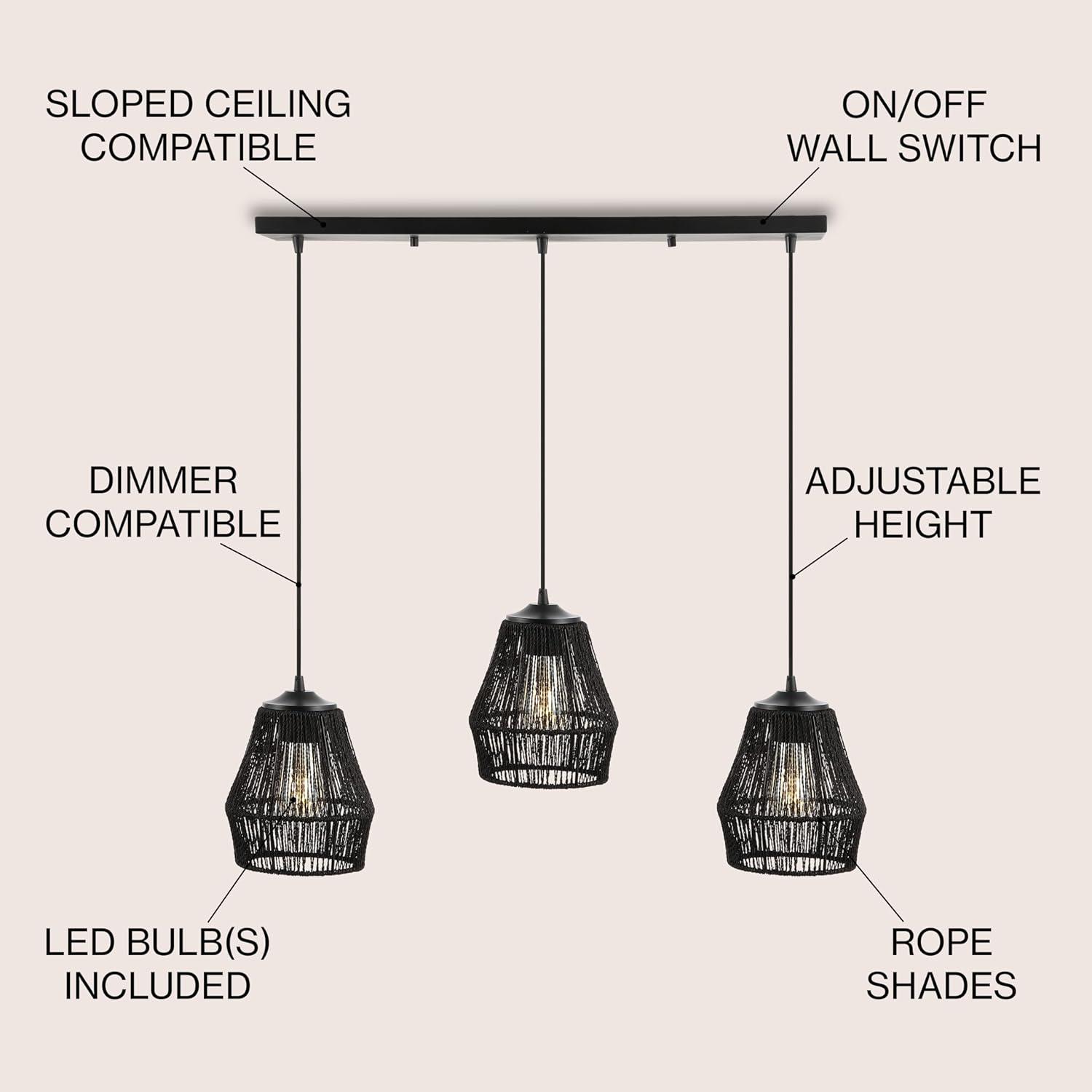 30" 3-Light Ibiza Island Woven Rope/Metal Bohemian Coastal Linear Pendant (Includes LED Light Bulb) Black - JONATHAN Y