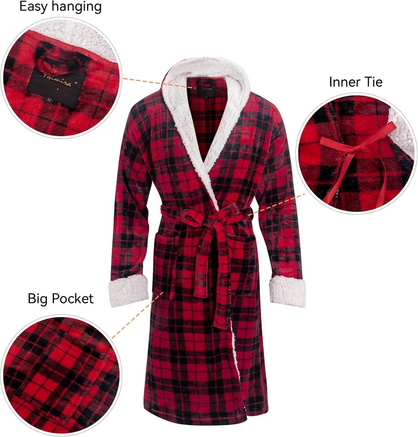 ADR Men's Warm Winter Plush Hooded Bathrobe, Full Length Fleece Robe with Hood Red Black Plaid with Cream Medium