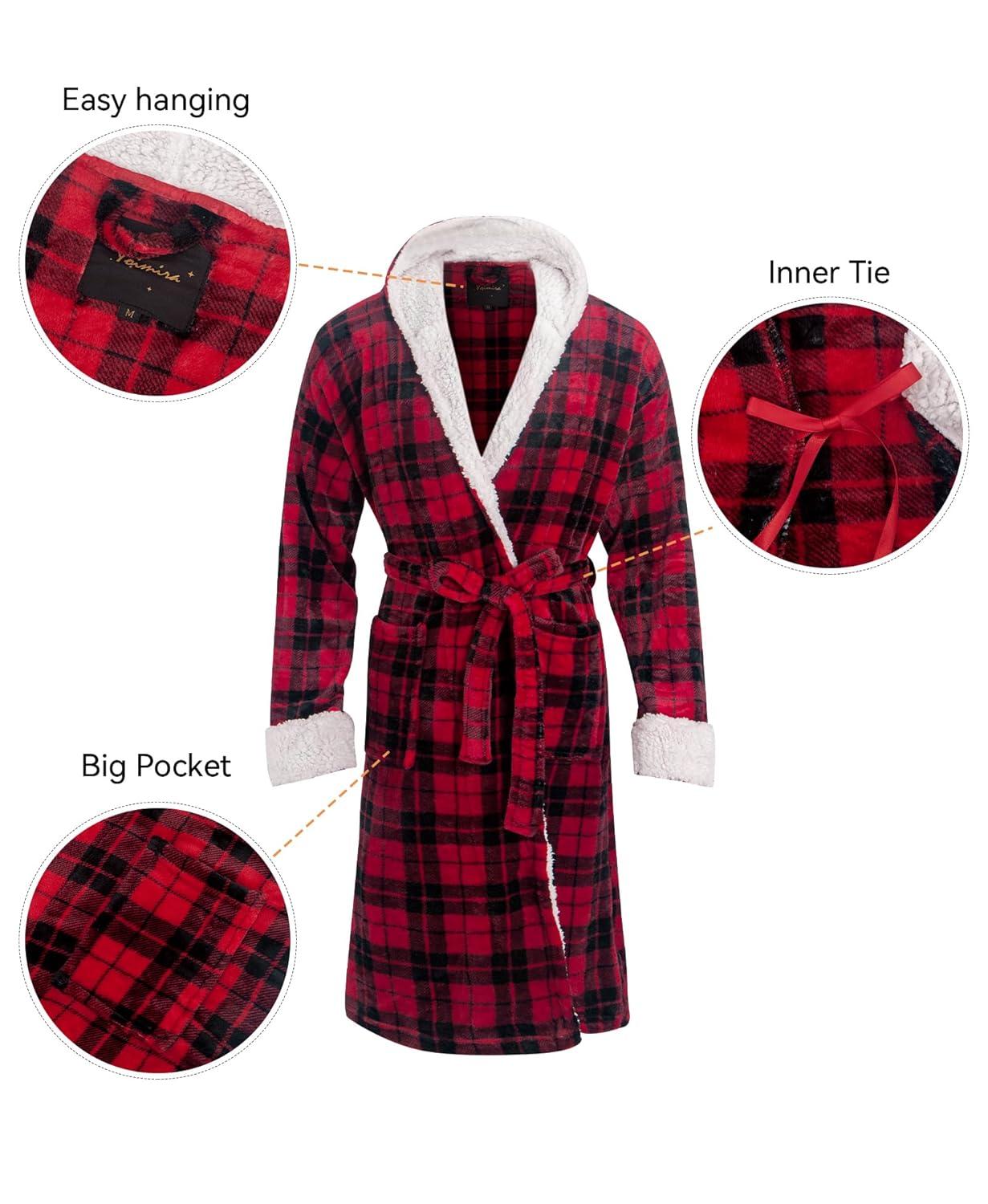 ADR Men's Warm Winter Plush Hooded Bathrobe, Full Length Fleece Robe with Hood Red Black Plaid with Cream Medium