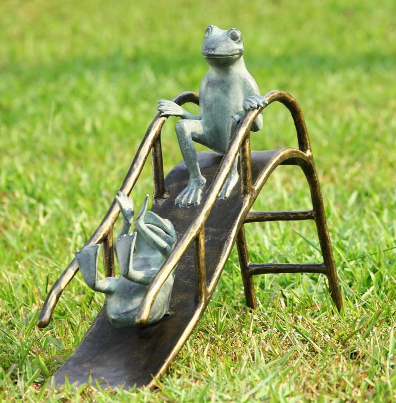 Traditional Bronze and Verdigris Frog Slide Garden Sculpture