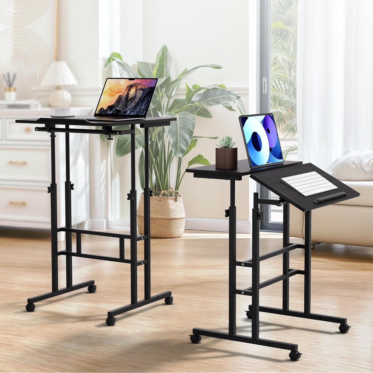 Inbox Zero Oziel Mobile Computer Desk, Adjustable Height Laptop Standing Desk with Tilting Tabletop and Monitor Shelf