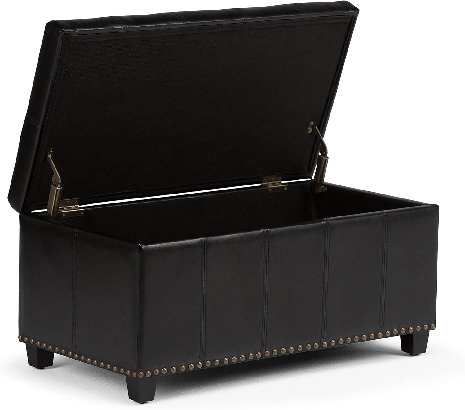 Simpli Home Amelia 34 inch Wide Transitional Rectangle Storage Ottoman Bench in Midnight Black Faux Leather