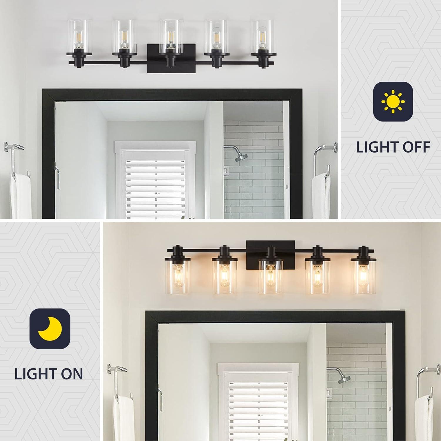 Matte Black 5-Light Bathroom Vanity Fixture with Glass Shades