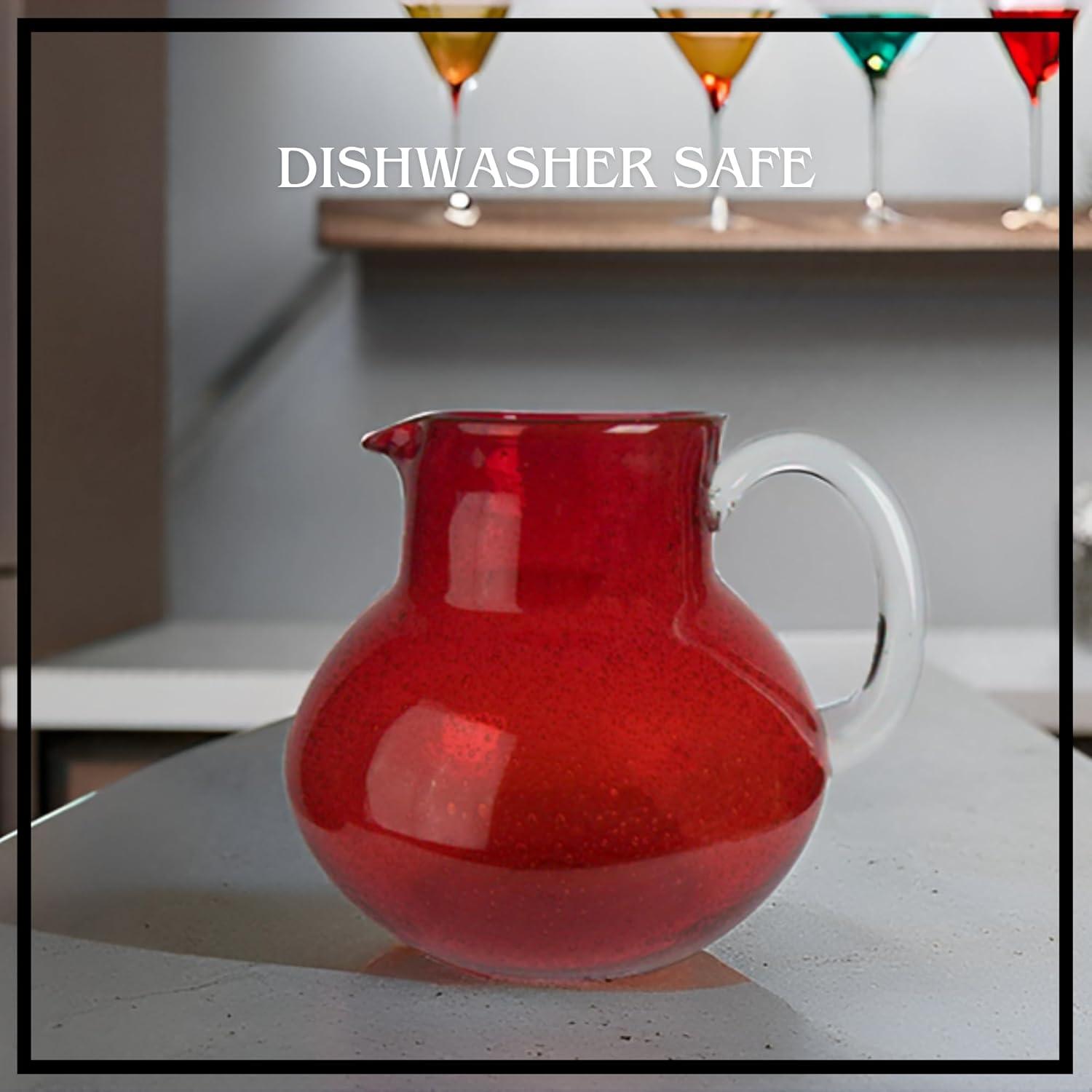 Artland Iris 90 Oz Handblown Glass Pitcher, Bubble Shape, Lead-Free, Versatile Drink Dispenser for Water, Juice, Cocktails, Dishwasher Safe - Ruby