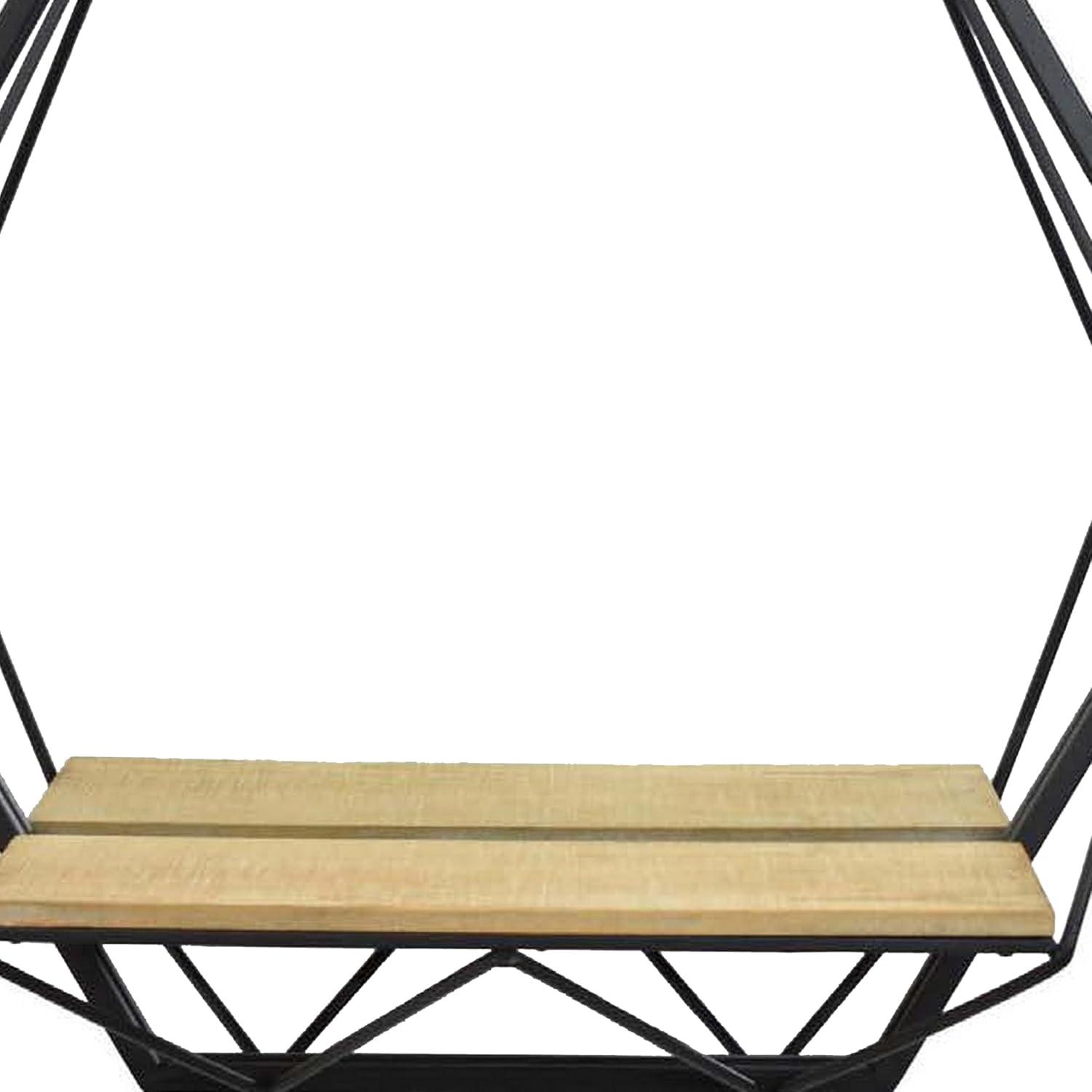 Hexagon Black Metal Frame with Light Brown Wood Shelf Wall Mirror