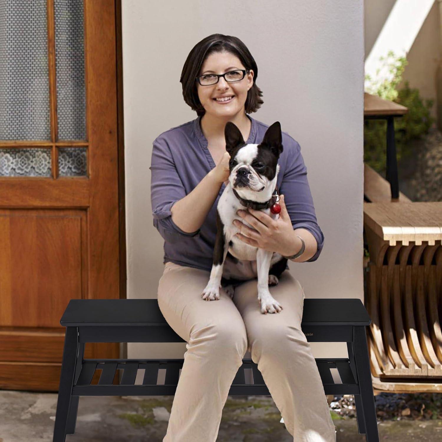 Nnewvante Bamboo Entryway Bench, 33.46" End of Bed Bench, 2 Tier Black Bench for Bedroom, Indoor Bench for Living Room, Dining Room, Hallway, Holds up to 300lbs