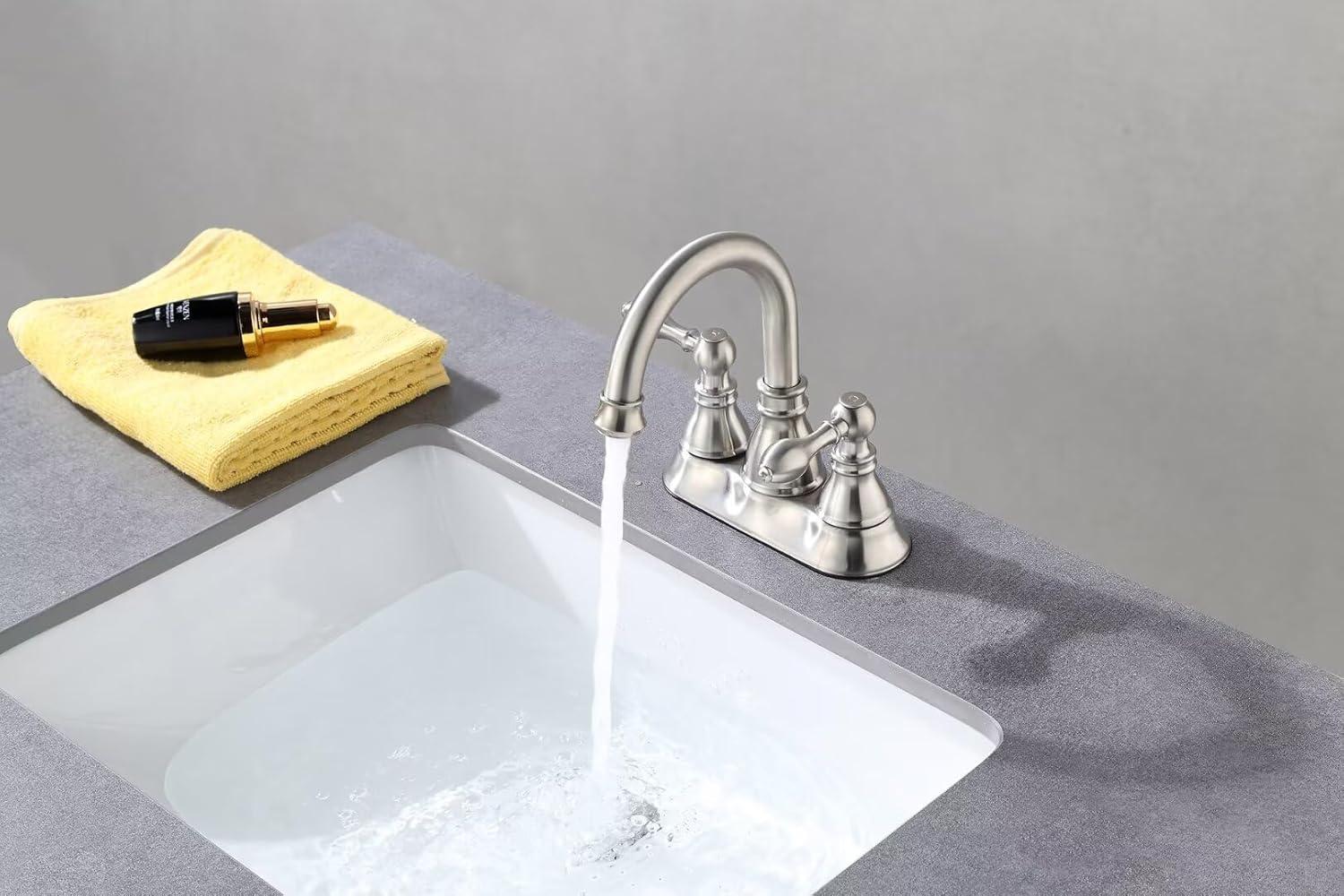 Two Handles Brushed Nickel Bathroom Faucet 3 Hole Sink Faucet with Overflow Pop up Drain, 360° Swivel Spout 4 Inch Centerset Lavatory Faucet Without Water Supply Lines,F-4501-BN