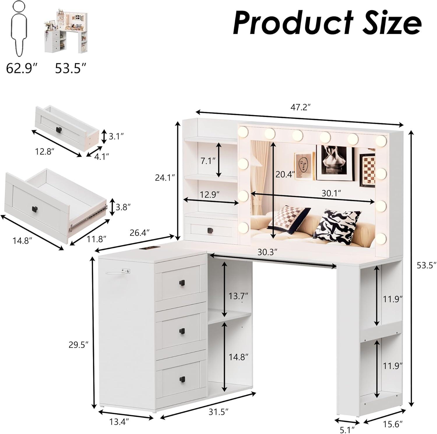 PAKASEPT Vanity Desk with Mirror and Lights, Corner Makeup Table with 3 Color Lighting, White Vanity with Power Strip & Hooks, Hidden and Open Shelves, Adjustable Brightness, 47.2 Inch