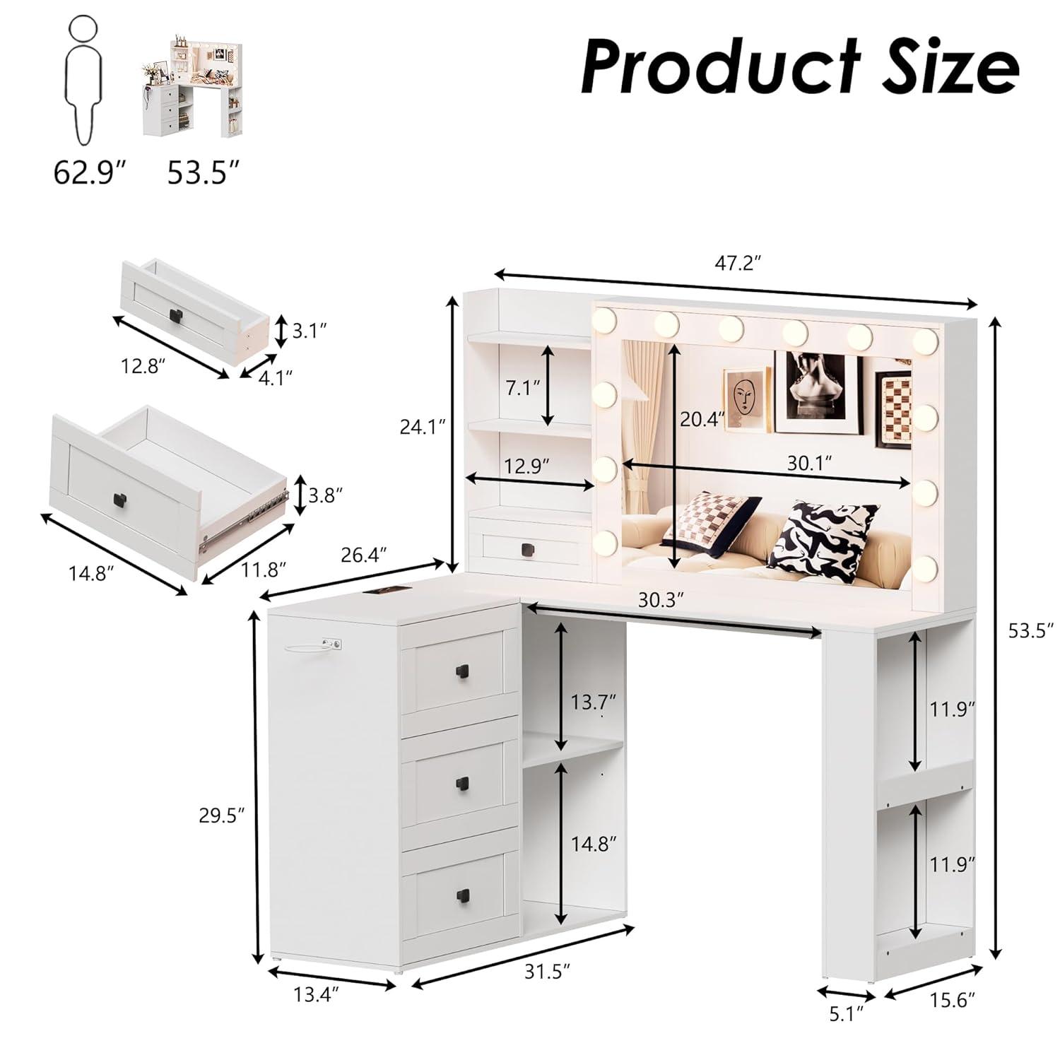 PAKASEPT Vanity Desk with Mirror and Lights, Corner Makeup Table with 3 Color Lighting, White Vanity with Power Strip & Hooks, Hidden and Open Shelves, Adjustable Brightness, 47.2 Inch