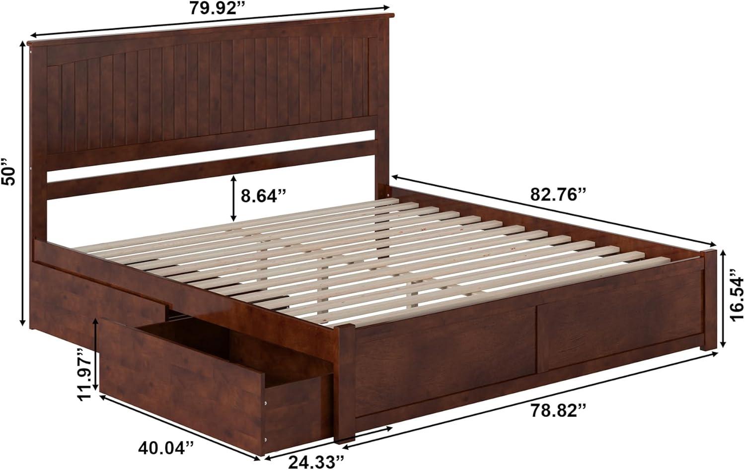 AFI Nantucket King Wood Platform Bed with Footboard and Storage Drawers, Walnut