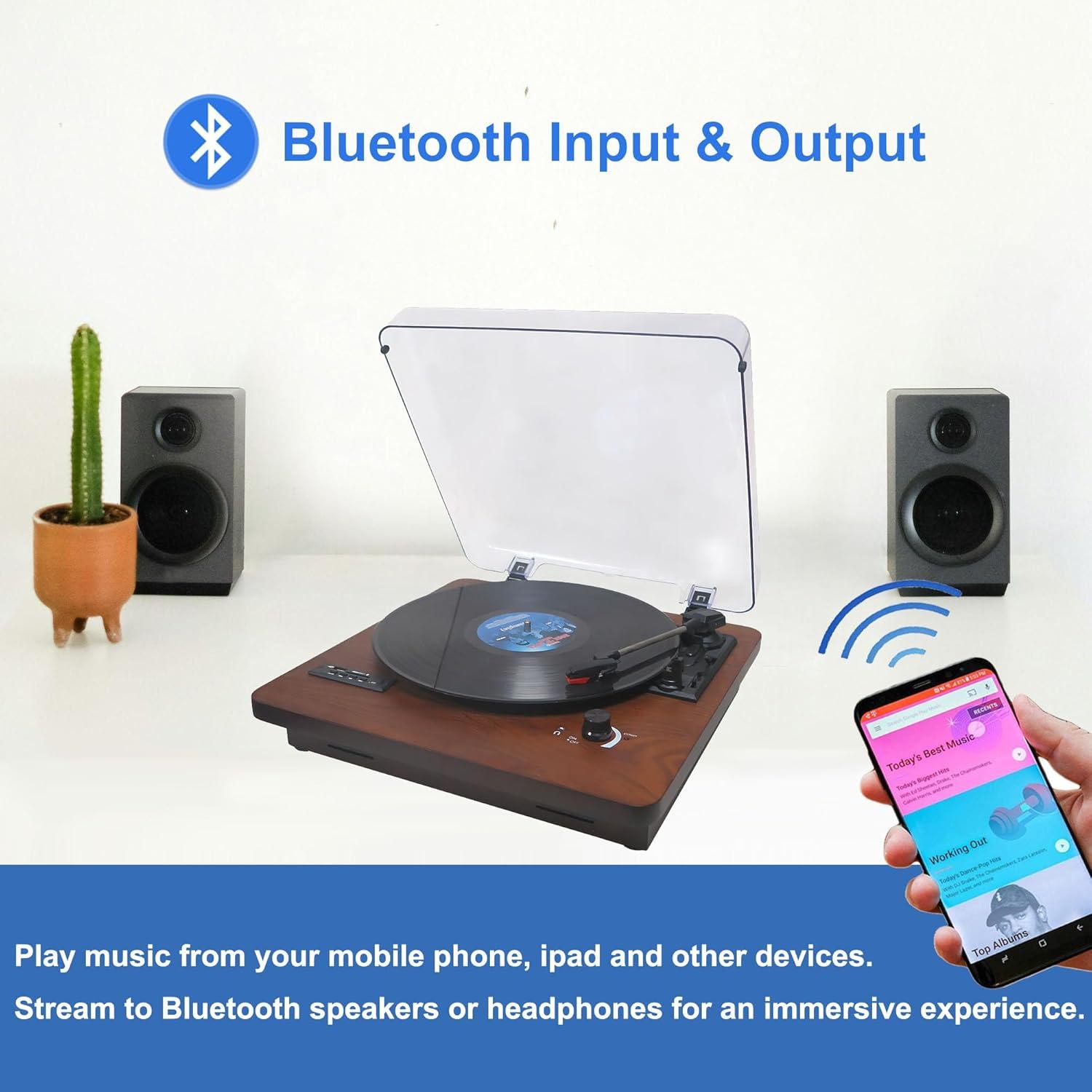 Bluetooth Record Player, 3 Speed Turntable with Built-in Speakers, Bluetooth Input & Output, FM Radio, USB/SD/MMC Support, RCA Output, AUX in, Earphone Jack