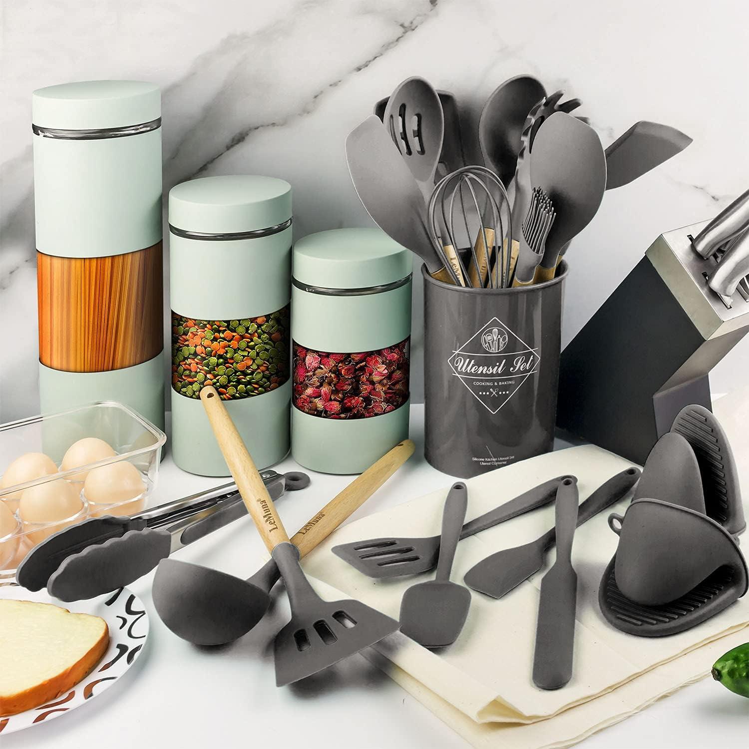 Gray Silicone and Wood 18-Piece Cooking Utensil Set