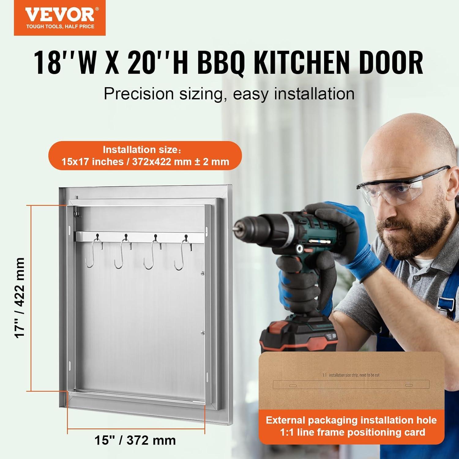 VEVOR 18"x20" BBQ Access Door, Stainless Steel, Outdoor Kitchen Door with Handle