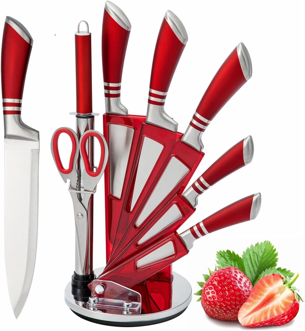Kitchen Knife Set, 9-Pieces Red Coated Knife Block Set, Stainless Steel Chef knife Set with Sharpener Peeler Scissors, Sharp Non-Stick Knives Set with Rotatable Holder for Cutting Slicing Dicing