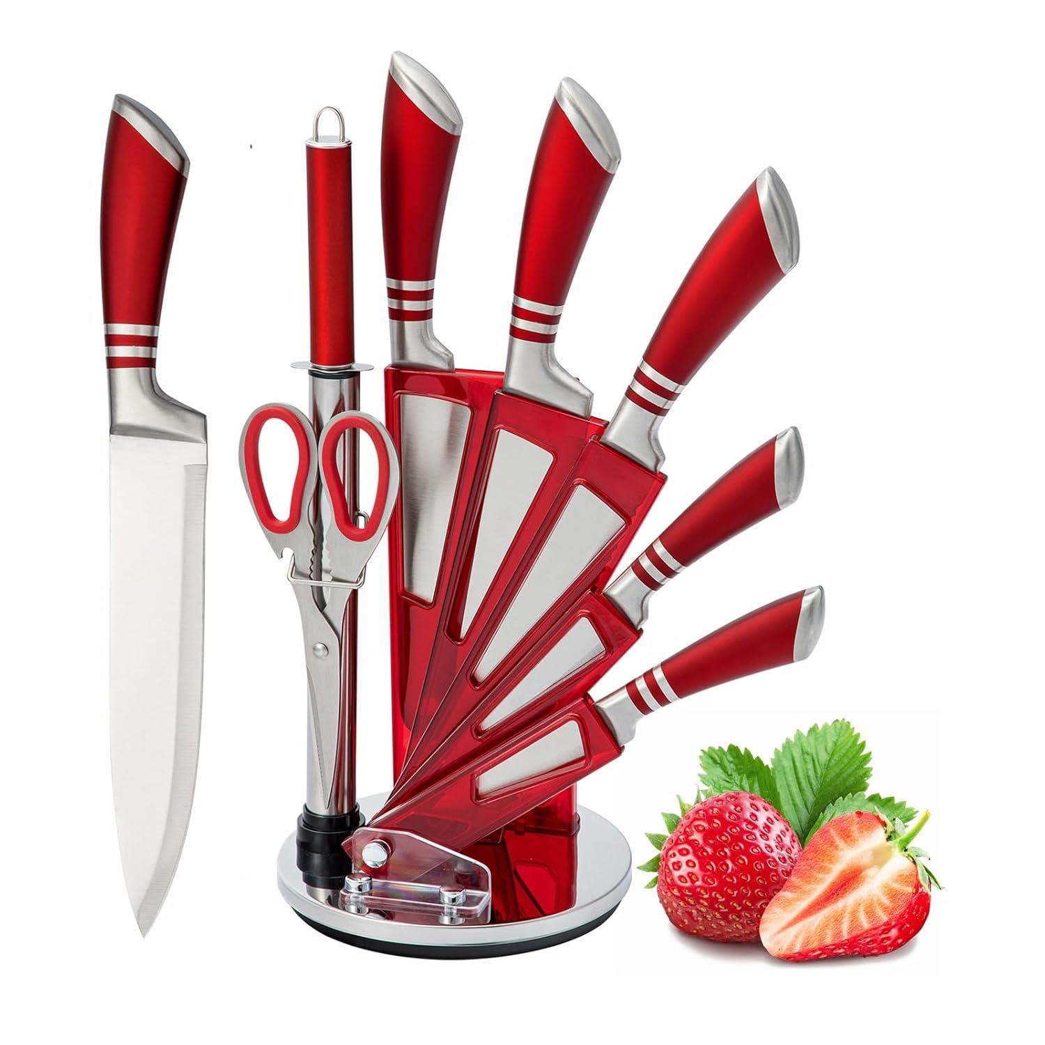 Kitchen Knife Set, 9-Pieces Red Coated Knife Block Set, Stainless Steel Chef knife Set with Sharpener Peeler Scissors, Sharp Non-Stick Knives Set with Rotatable Holder for Cutting Slicing Dicing