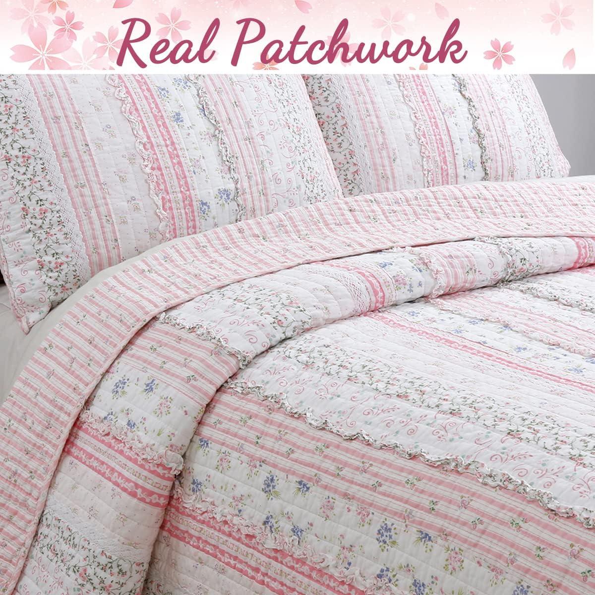 Pink Rose Peonies Ruffle 4-Piece Pink Floral Stripe Cotton Bedding Set with Decor Pillow King Quilt Set