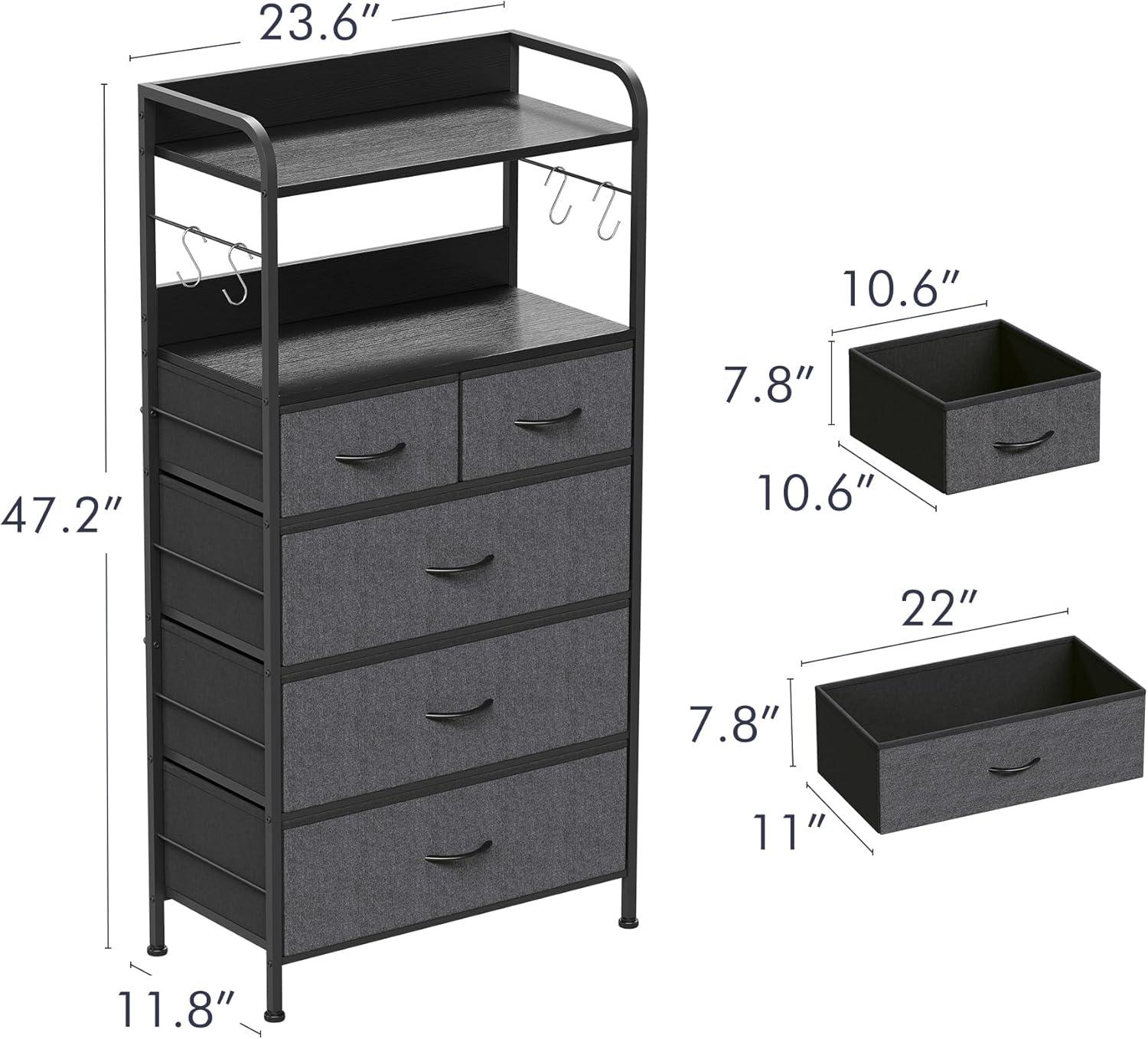 Jojoka 5-Drawers Dresser for Bedroom, Chests of Drawers with Hooks, Wood Table Top, Sturdy Metal Frame, Fabric Storage Organizer Cabinet for kitchen, Living Room, Hallway, Entryway, Rustic Grey