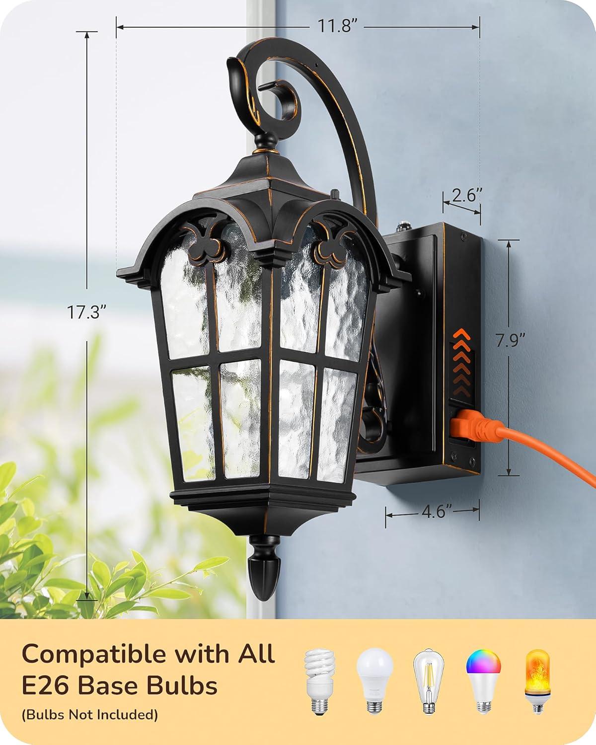 17.3 in. Black Dusk to Dawn Outdoor Wall Lantern Sconce Light with Built-in 2 GFCI Outlet