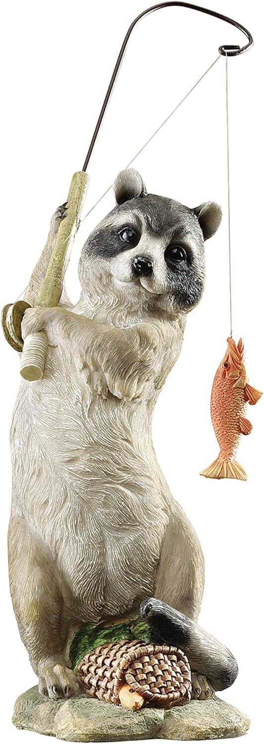 Hand-Painted Resin Raccoon Fisherman Statue with Wicker Basket