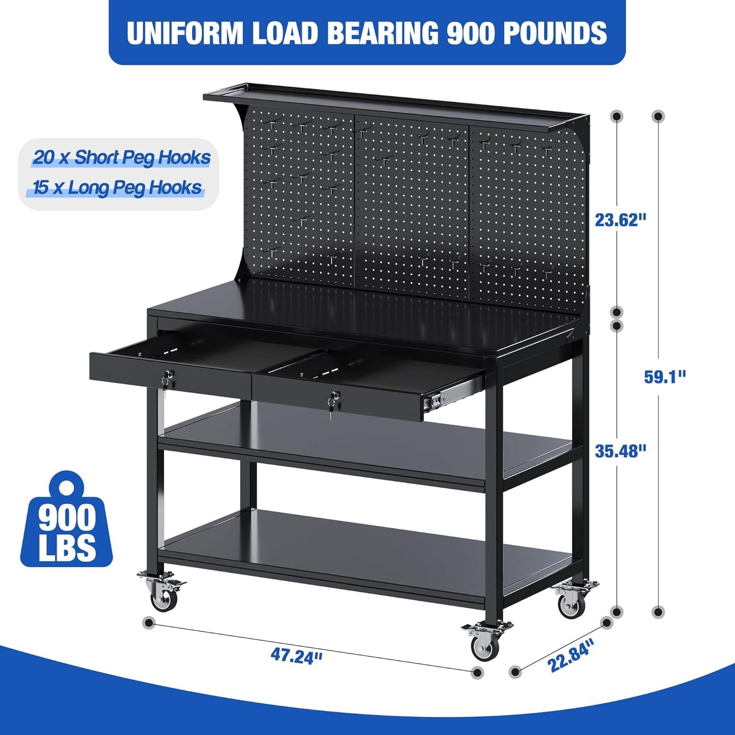 Black Heavy-Duty Steel Garage Workbench with Pegboard and Drawers