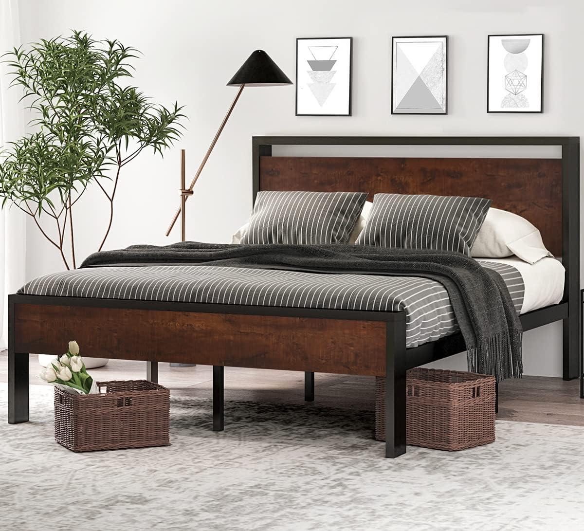 Mahogany Queen Metal Platform Bed Frame with Wood Headboard and Storage