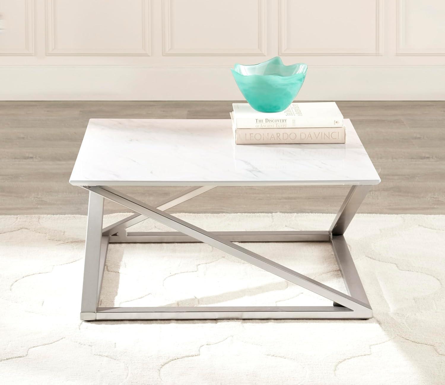 Zurich Square Cocktail Table White/Chrome - Steve Silver Co.: Faux Marble Top, Metal Base, Contemporary Design