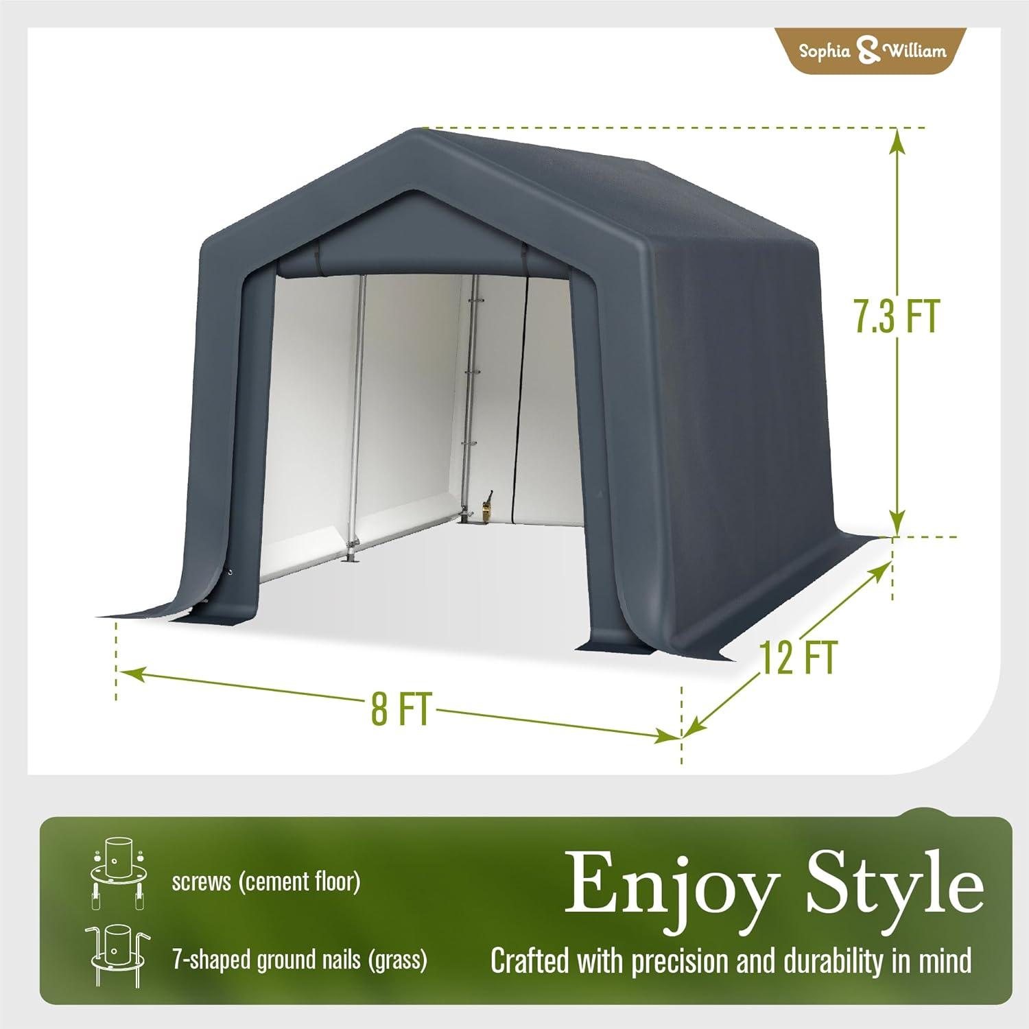 Alpha Joy 8 x 12 x 7.3ft Outdoor Storage Shed Heavy Duty Portable Carport Canopy Shelter, for Bike, Motorcycle, Garden Storage