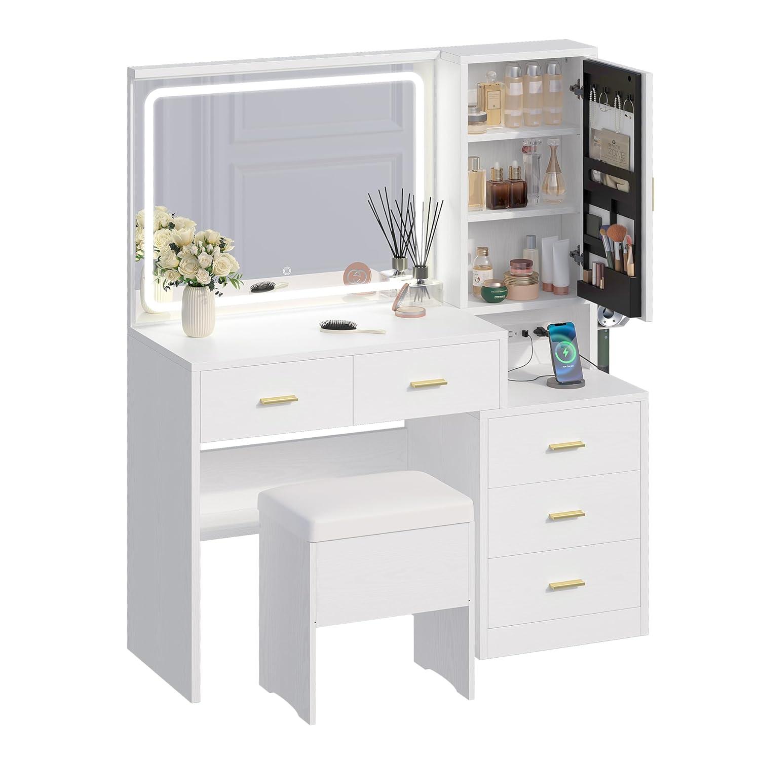 IRONCK Makeup Table Vanity Desk Set with Lighted Mirror, Charging Station, Storage Cabinet and 5 Drawers