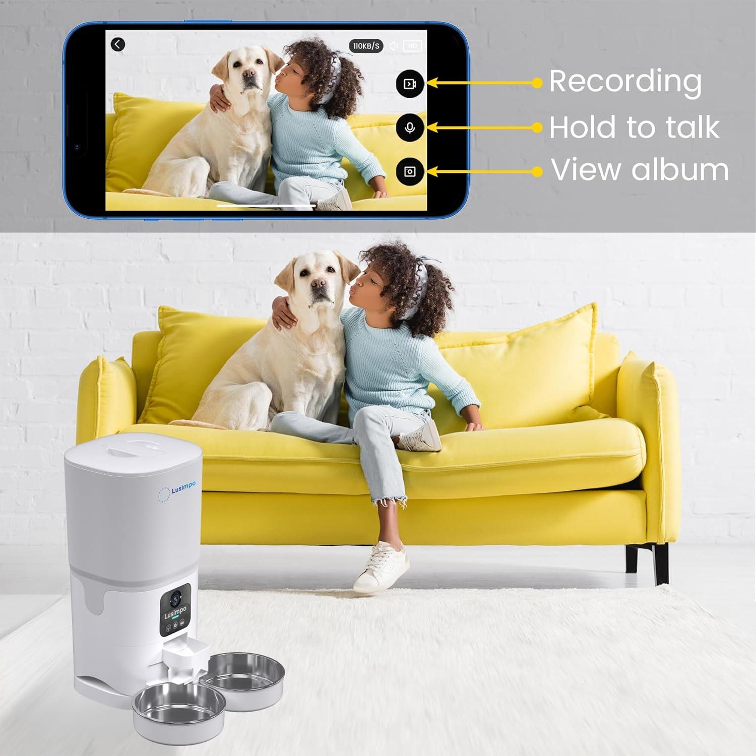 LUSIMPO Automatic Dual Pet Feeder with 1080P HD Camera for 2 Dogs/Cats, Double Bowls, Free App Control, Scheduled Feeding, Auto Night Vision, Large Food Capacity 7L, Motion Detection, No Monthly fee