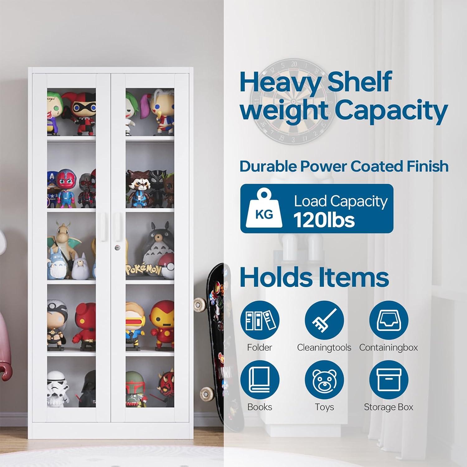 Display Cabinet With Glass Doors, Curio Cabinets With 4 Adjustable Shelves, Locking Glass Cabinet Display Case For Home, Office, Clinic, Pantry, Assemble Required