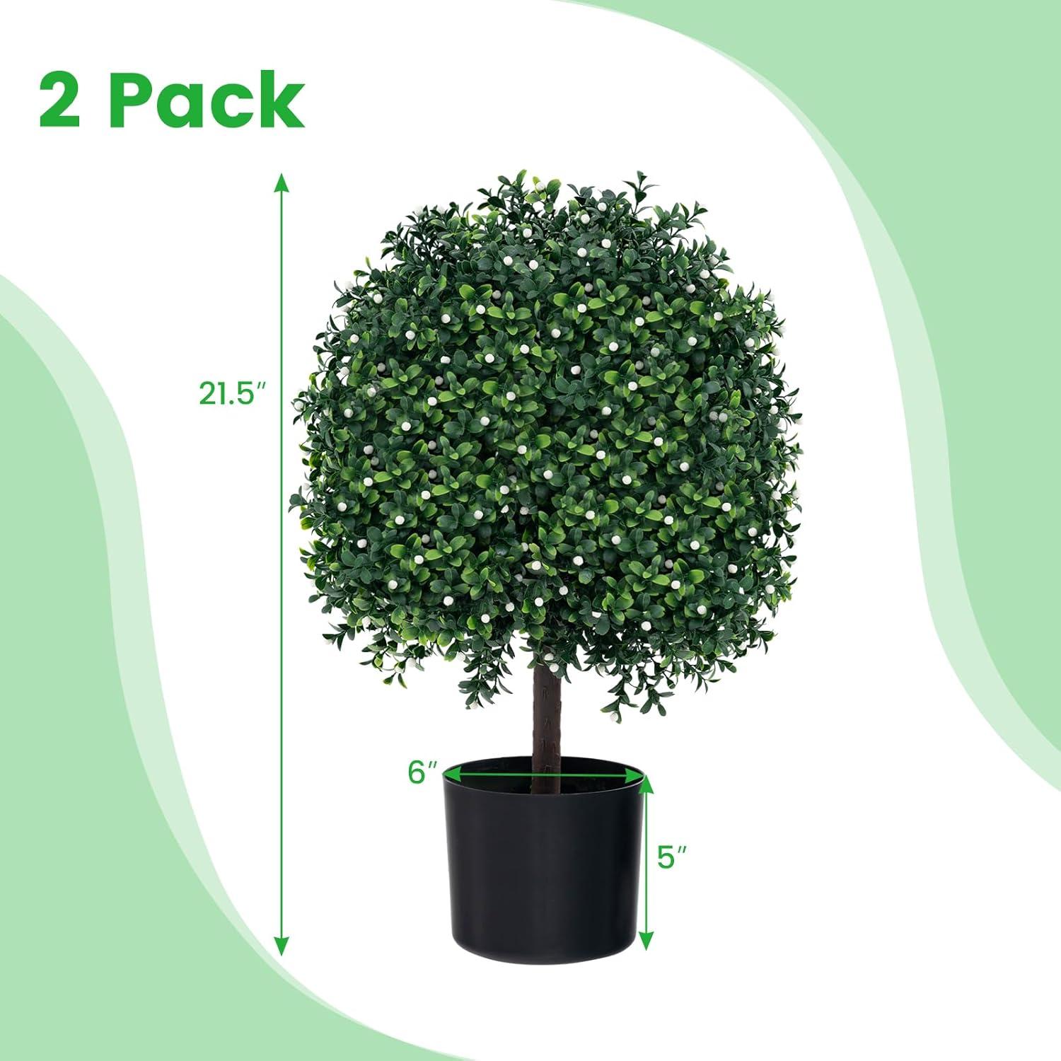 22’’ Faux Boxwood Topiary Ball Tree Set of 2, Artificial Plants Outdoor Weather Resistant, Cement-Filled Potted Bushes, Evergreen Topiary Trees Artificial for Porch Decoration Indoor Outdoor