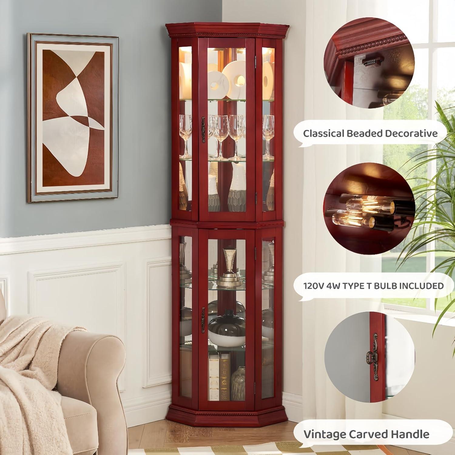 Lighted 3-Side Glass Display Curio Cabinet with Tempered Glass Doors and Shelves, Curved Wood Corner Cabinet with Bulb, Cherry