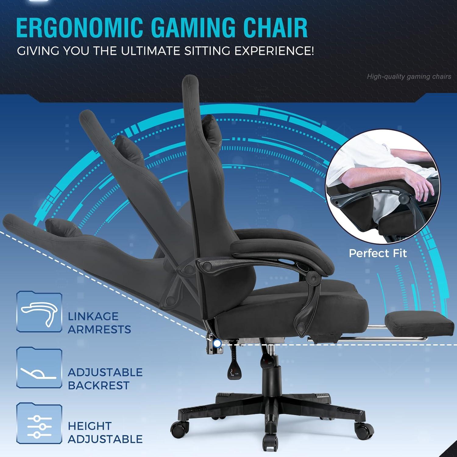 GTPLAYER Gaming Chair Fabric with Pocket Spring Cushion, Big and Tall Gaming Chair 350LBS High Back Computer Chair with Footrest for Adults Lumbar Support Swivel Game Chair for Office Gaming Black