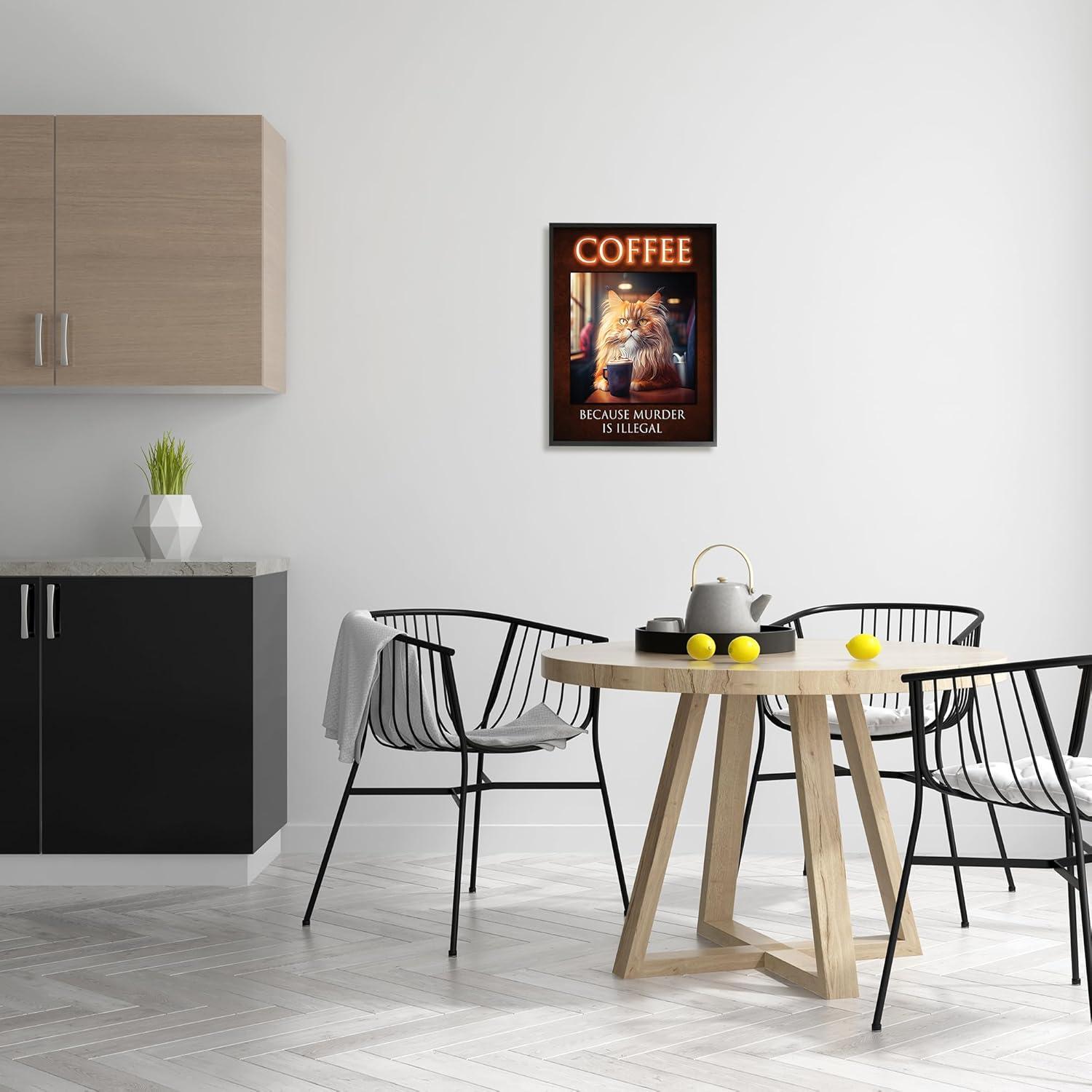 Stupell Industries Divertido Gato Café Frase Animales E Insectos Pintura Negro Enmarcado Arte de Pared, 16 x 20